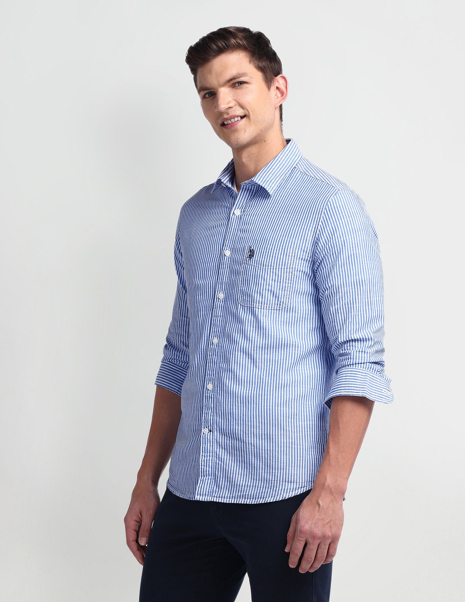 Vertical Stripe Slim Fit Shirt Blue - U.S. Polo Assn. India | Large