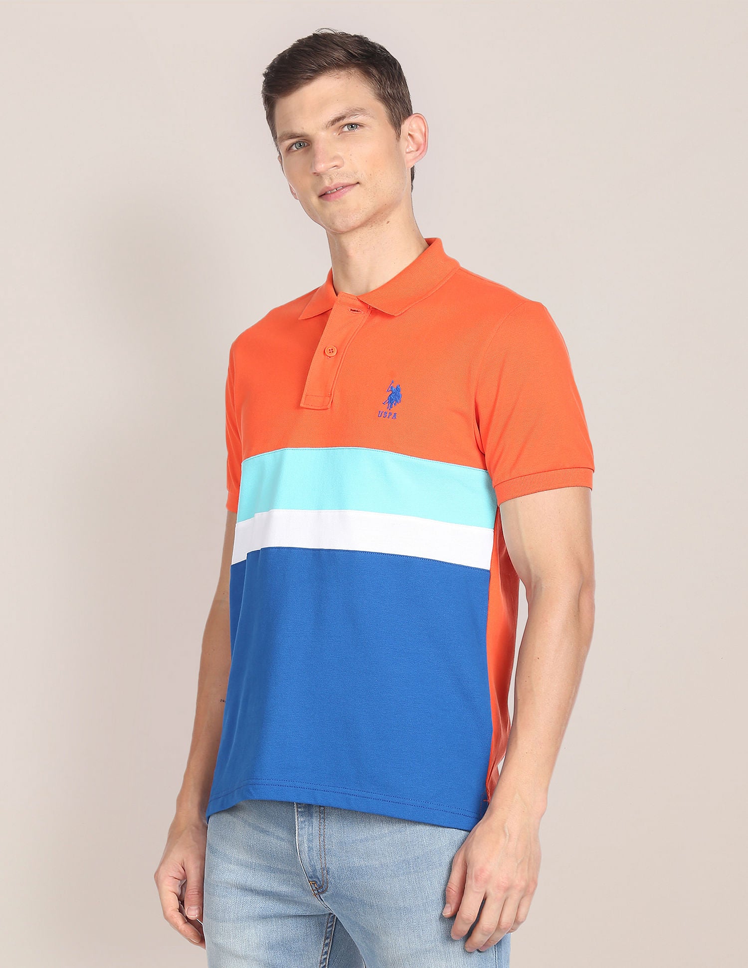 Colour Block Cotton Polo Shirt Orange - U.S. POLO ASSN. | Large