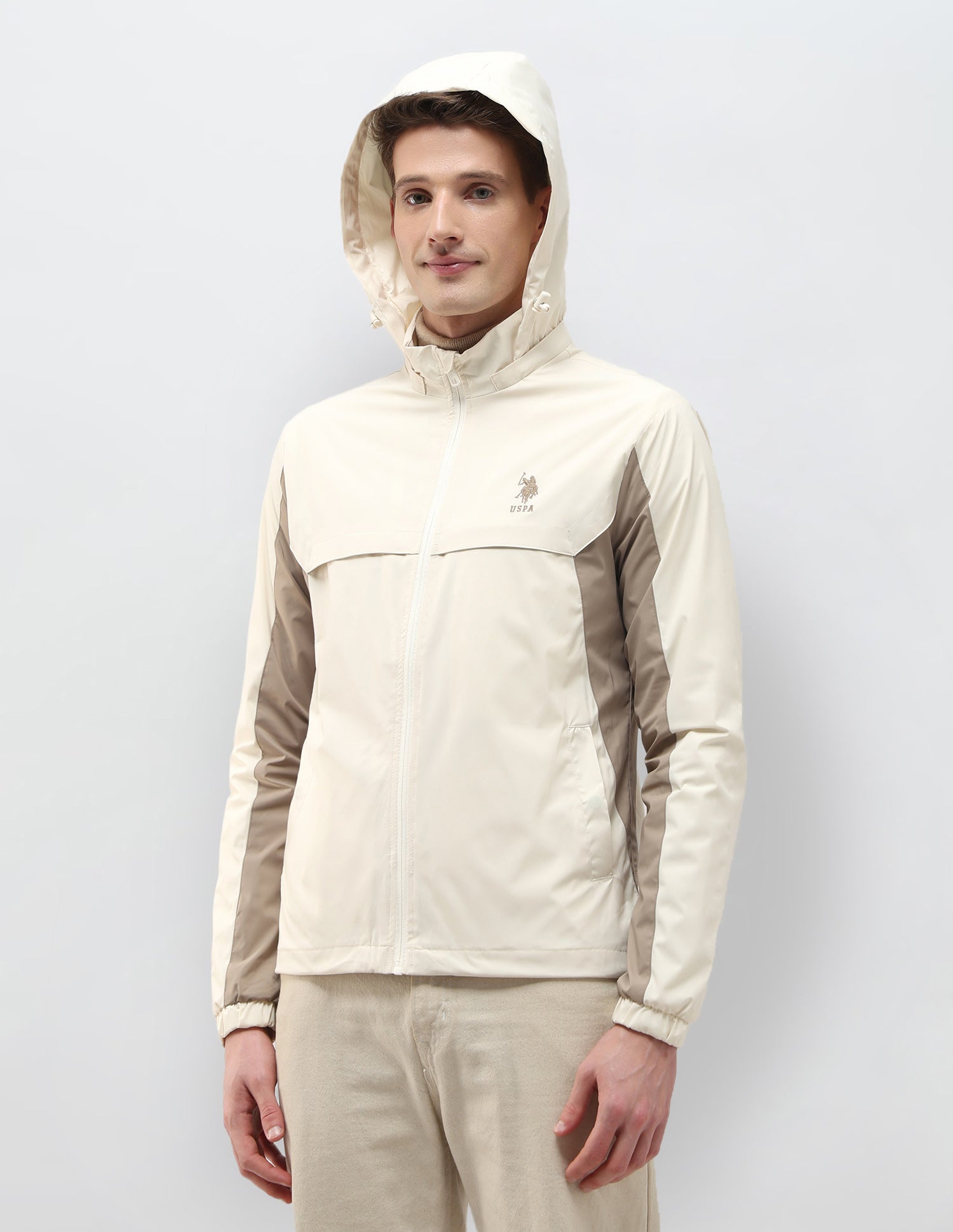 Packable Detachable Hood Colour Blocked Jacket Beige - U.S. Polo Assn. India | Large
