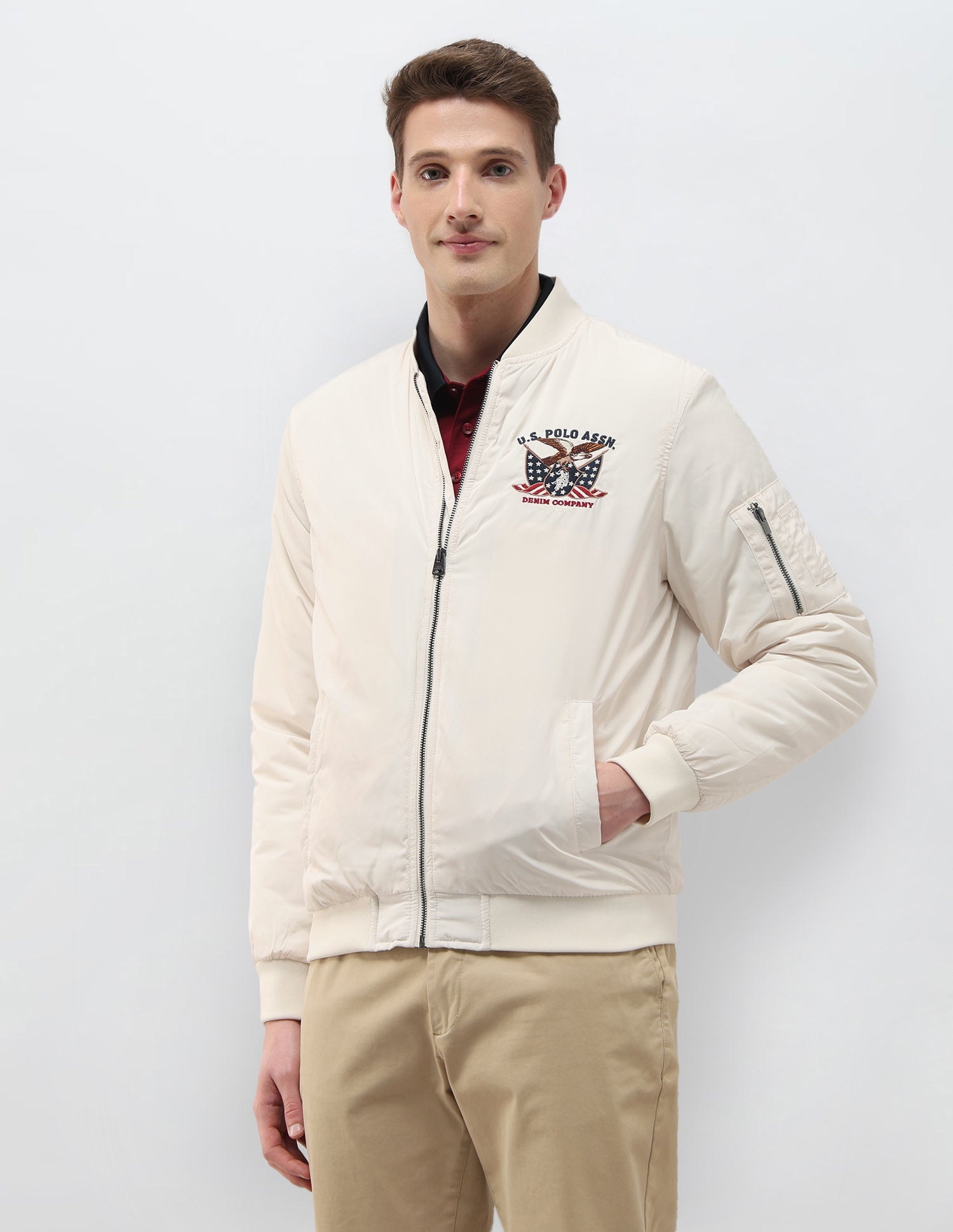 Solid Regular Fit Bomber Jacket Off White - U.S. Polo Assn. India | Large