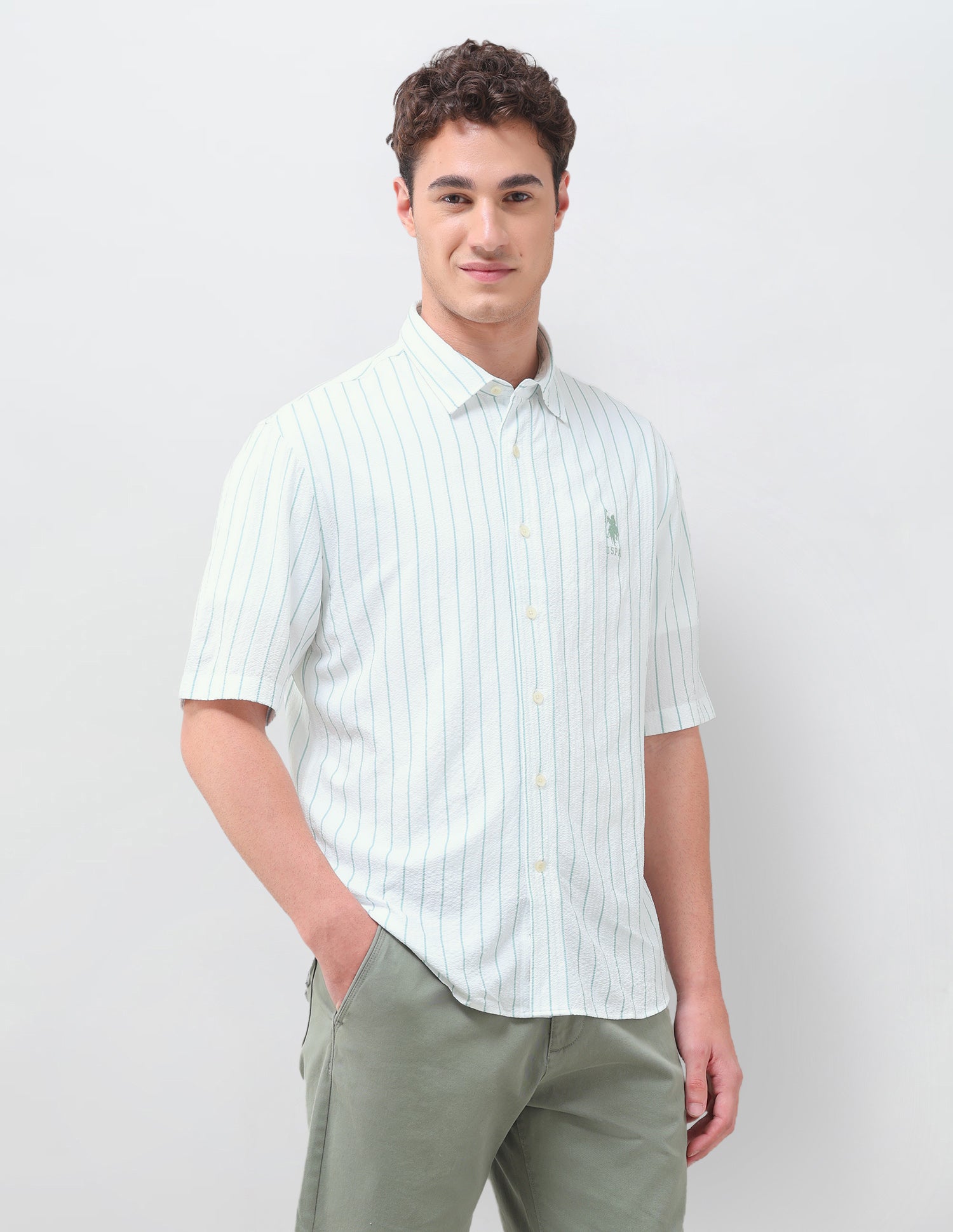 Vertical Striped Crinkle Weave Shirt Green - U.S. Polo Assn. India | Large