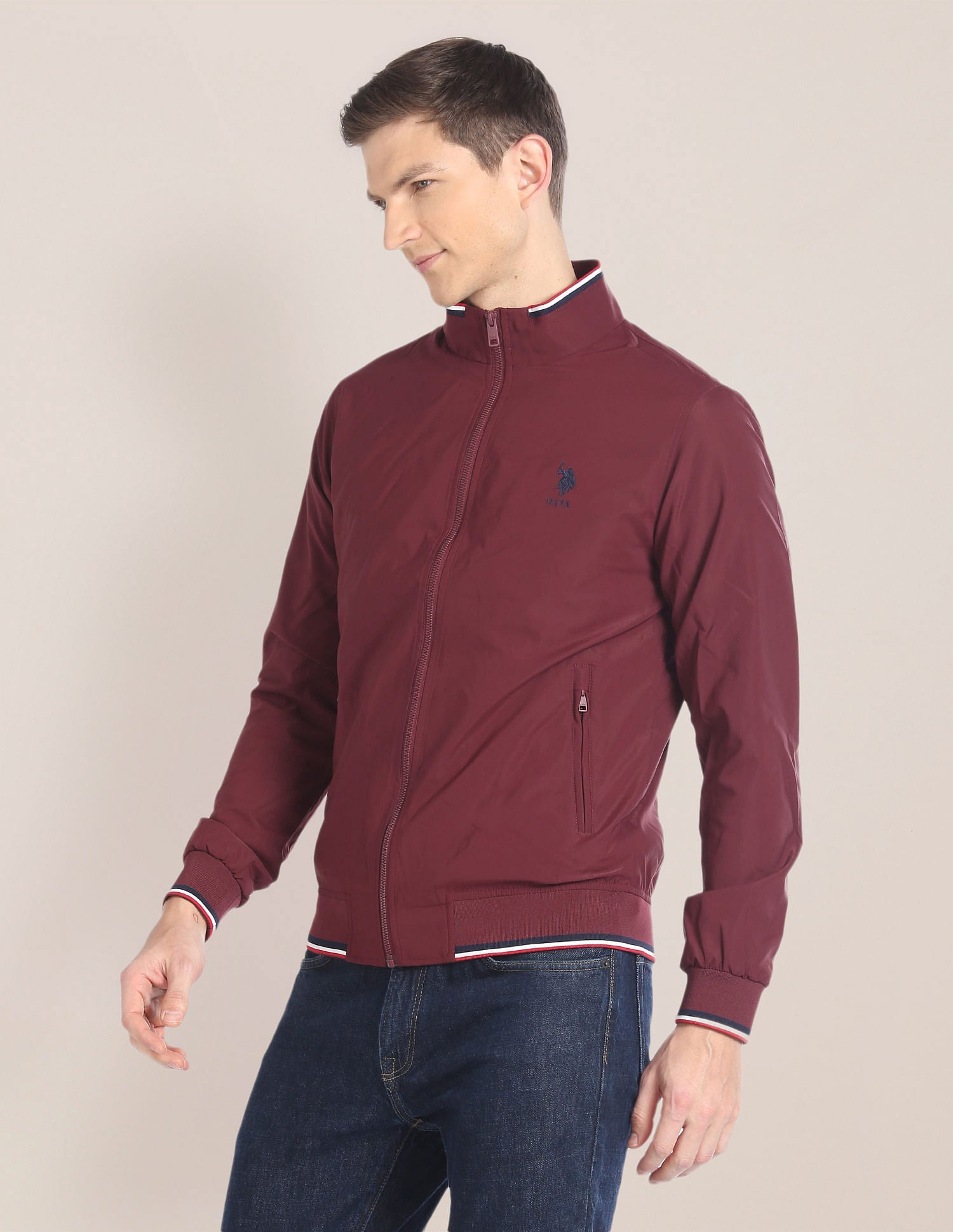 High Neck Long Sleeve Casual Jacket Maroon - U.S. POLO ASSN. | Large