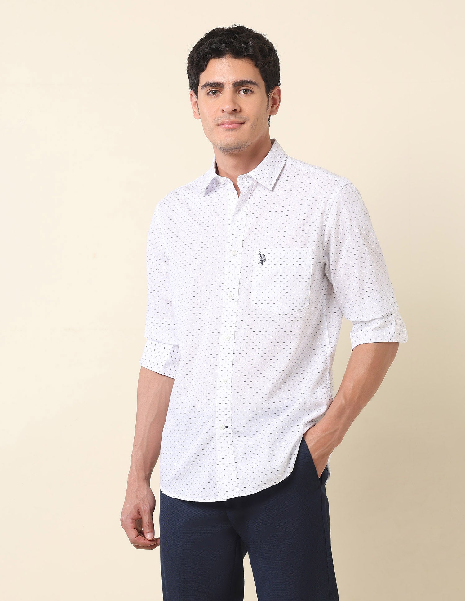 Pure Cotton Geometric Printed Shirt White - U.S. Polo Assn. India | Large