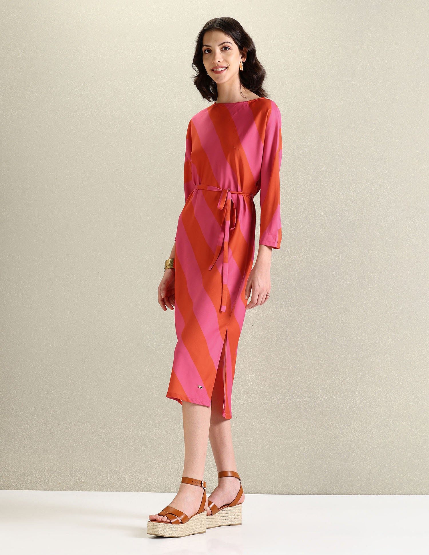 Round Neck Diagonal Stripe Dress Pink - U.S. POLO ASSN. | Large