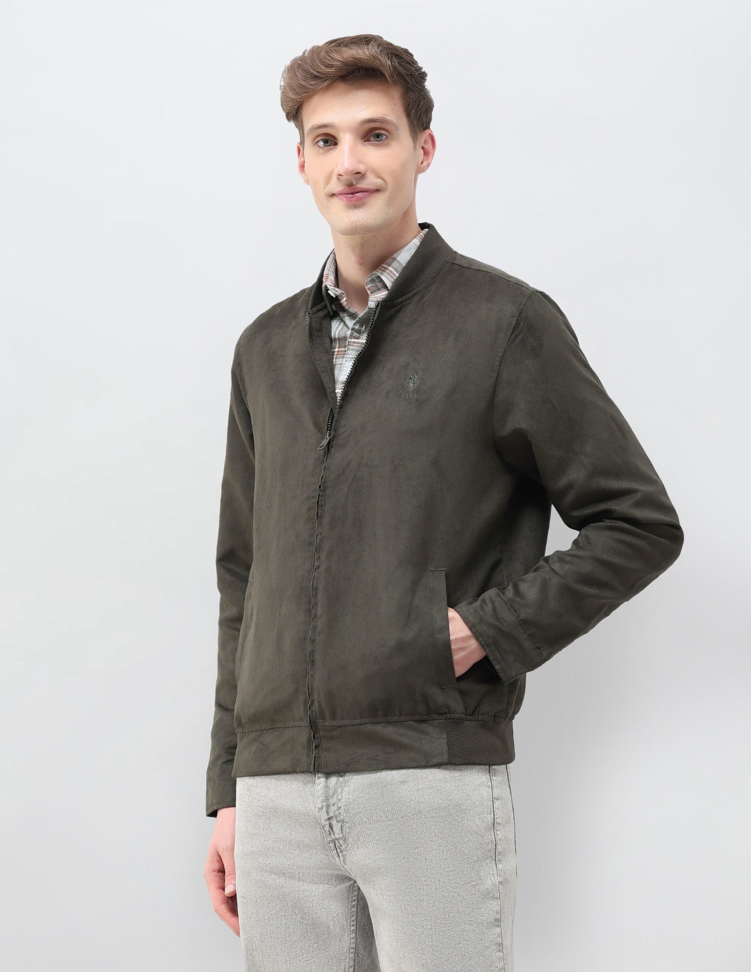 Solid Regular Fit Bomber Jacket Dark Olive - U.S. Polo Assn. India | Large