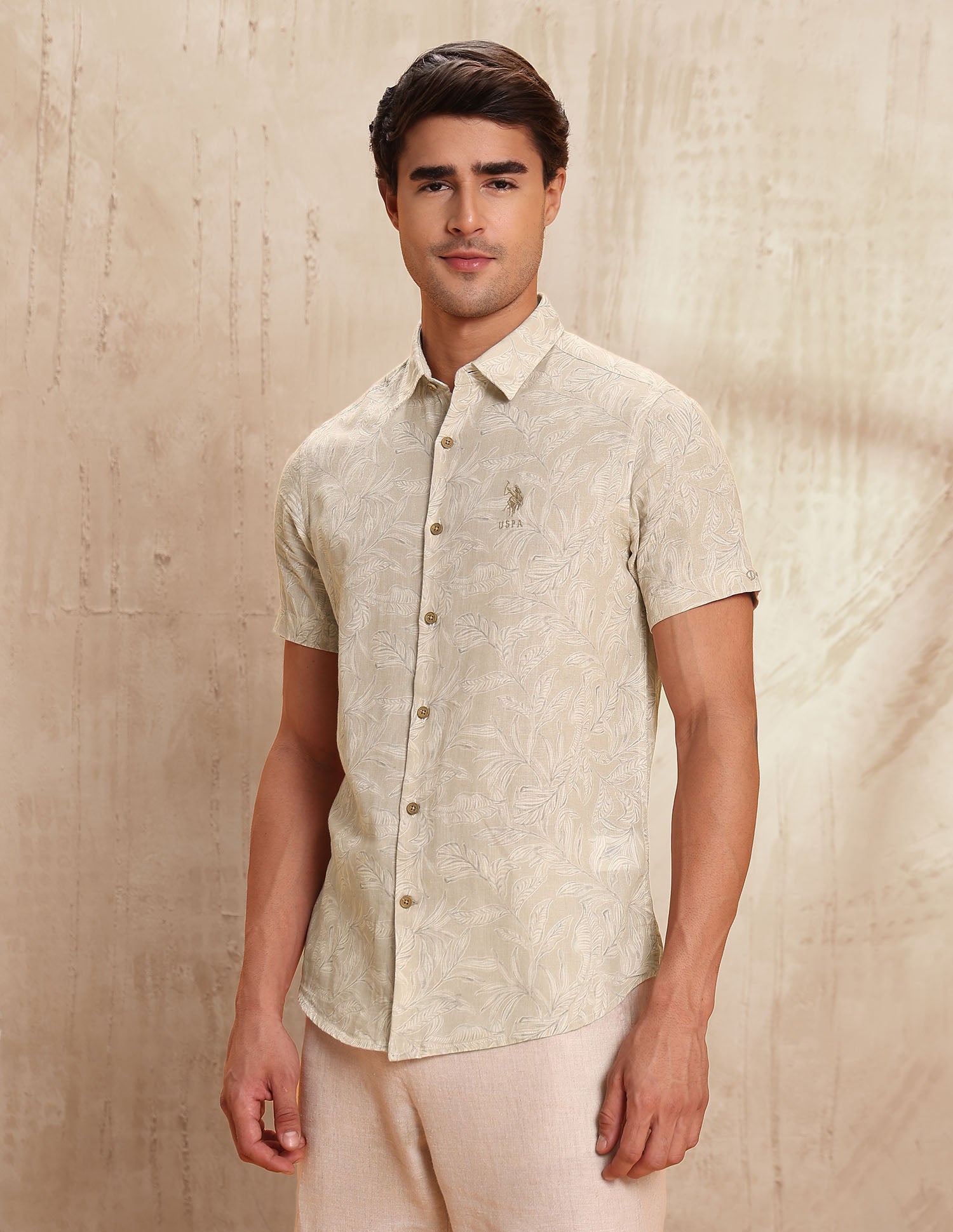 Tropical Printed Slim Fit Shirt Beige - U.S. POLO ASSN. | Large
