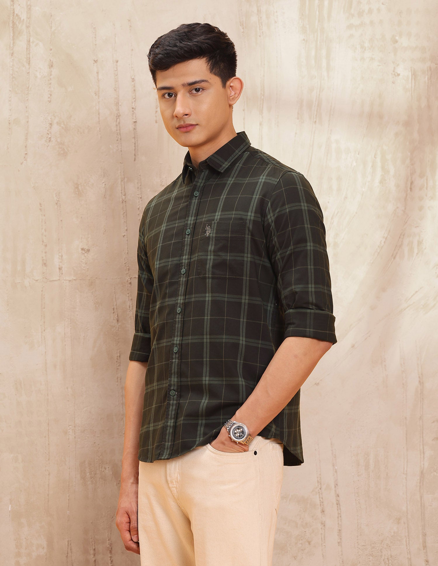 Grid Tattersall Checked Pure Cotton Shirt Dark Olive - U.S. POLO ASSN. | Large