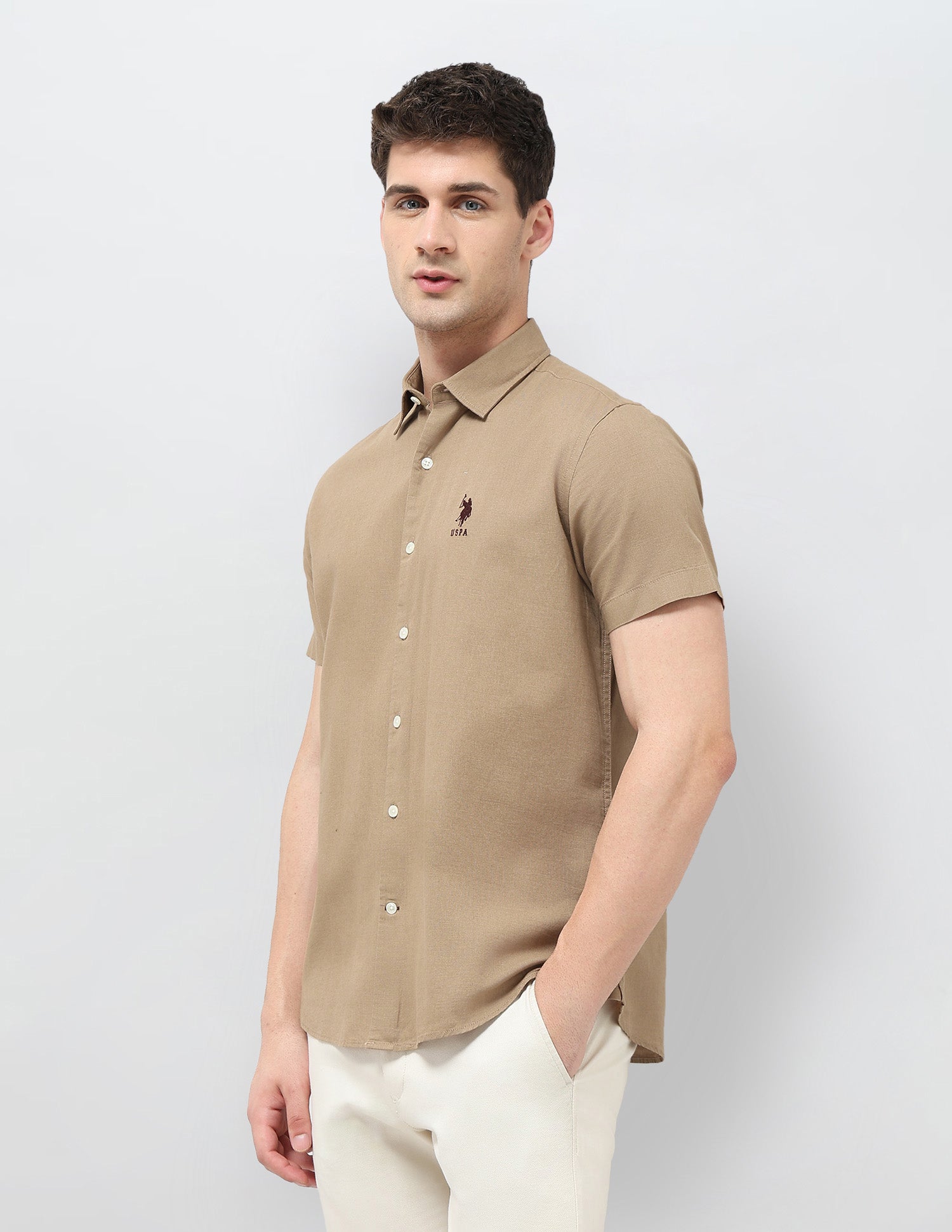 Solid Regular Fit Shirt Khaki - U.S. Polo Assn. India | Large