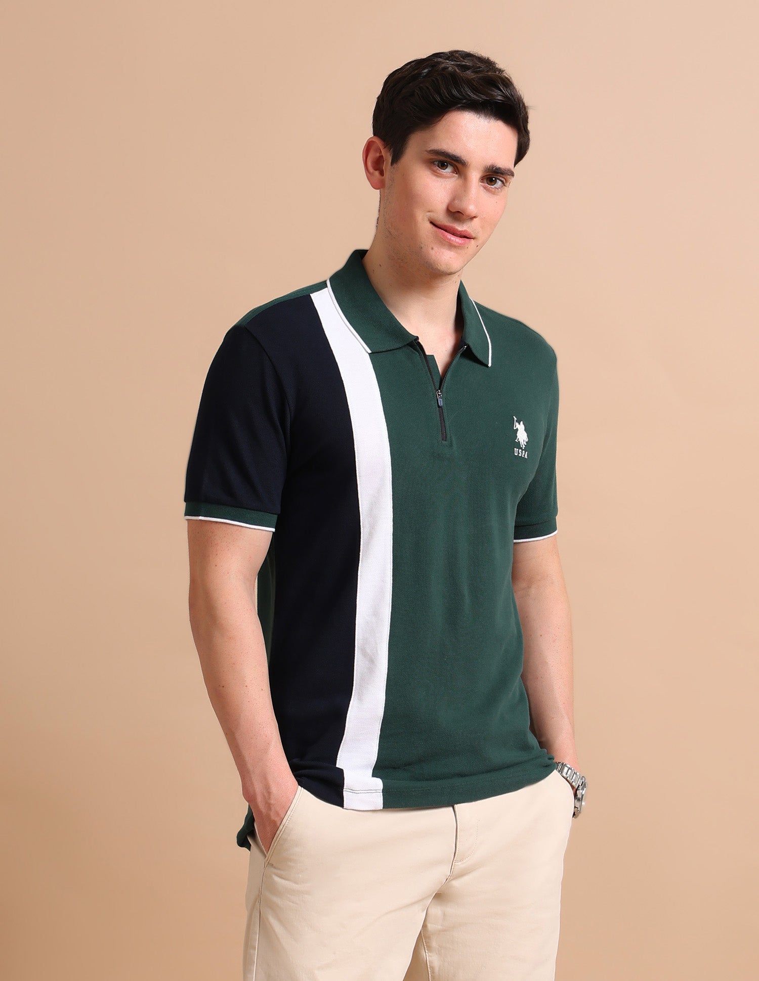 Colour Block Zipper Polo Shirt Green - U.S. POLO ASSN. | Large