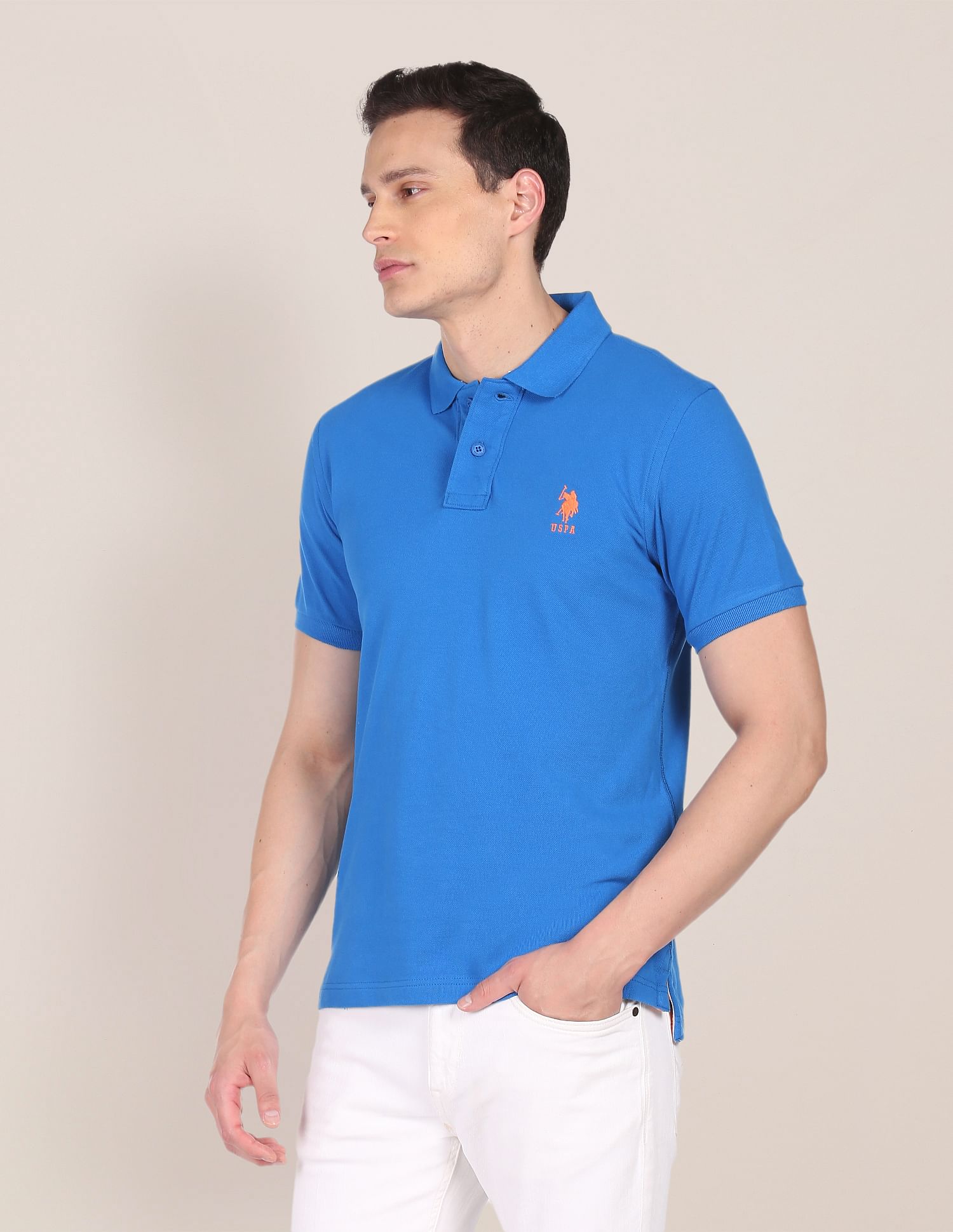 Ribbed Collar Solid Polo Shirt Blue - U.S. Polo Assn. India | Large