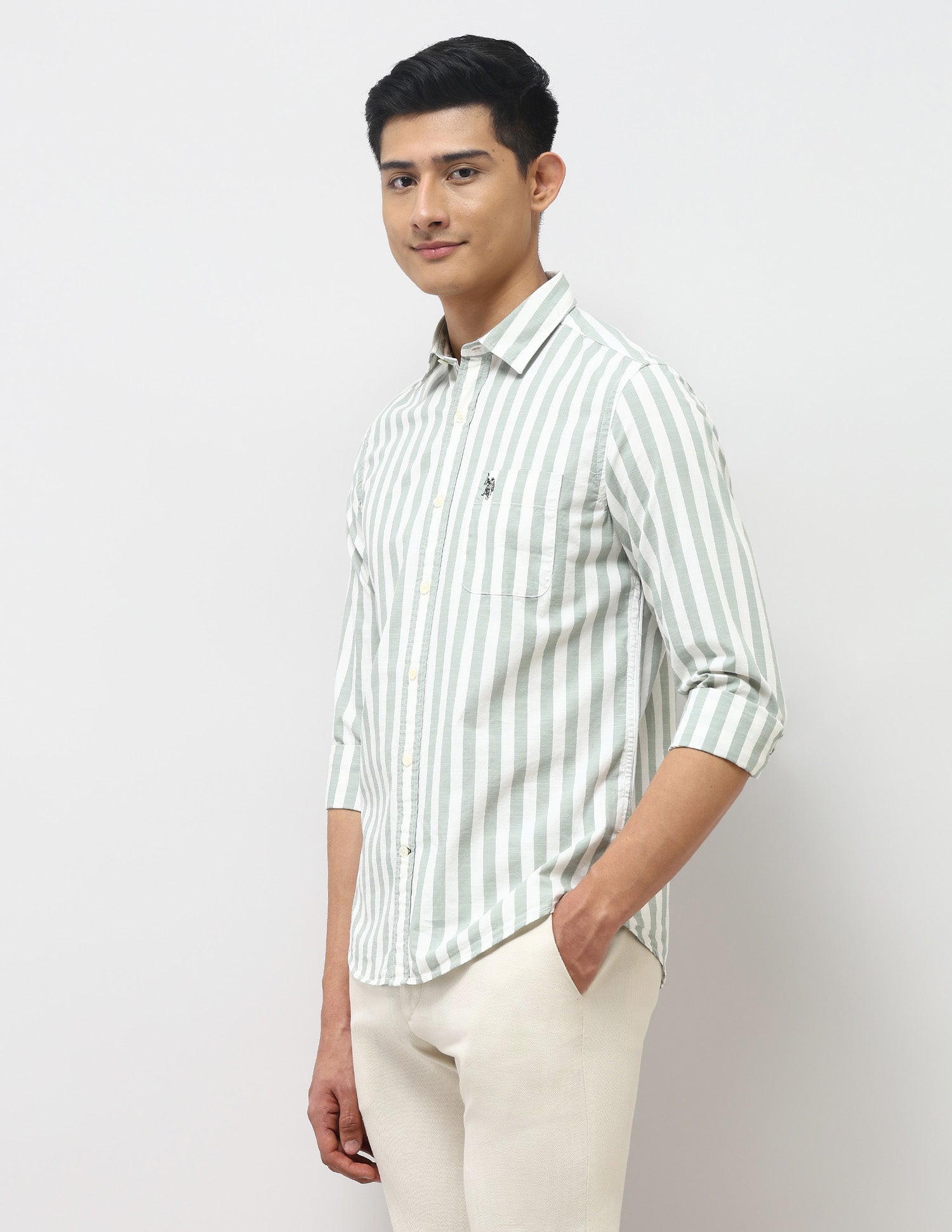Vertical Striped Pure Cotton Shirt Light Green - U.S. Polo Assn. India | Large