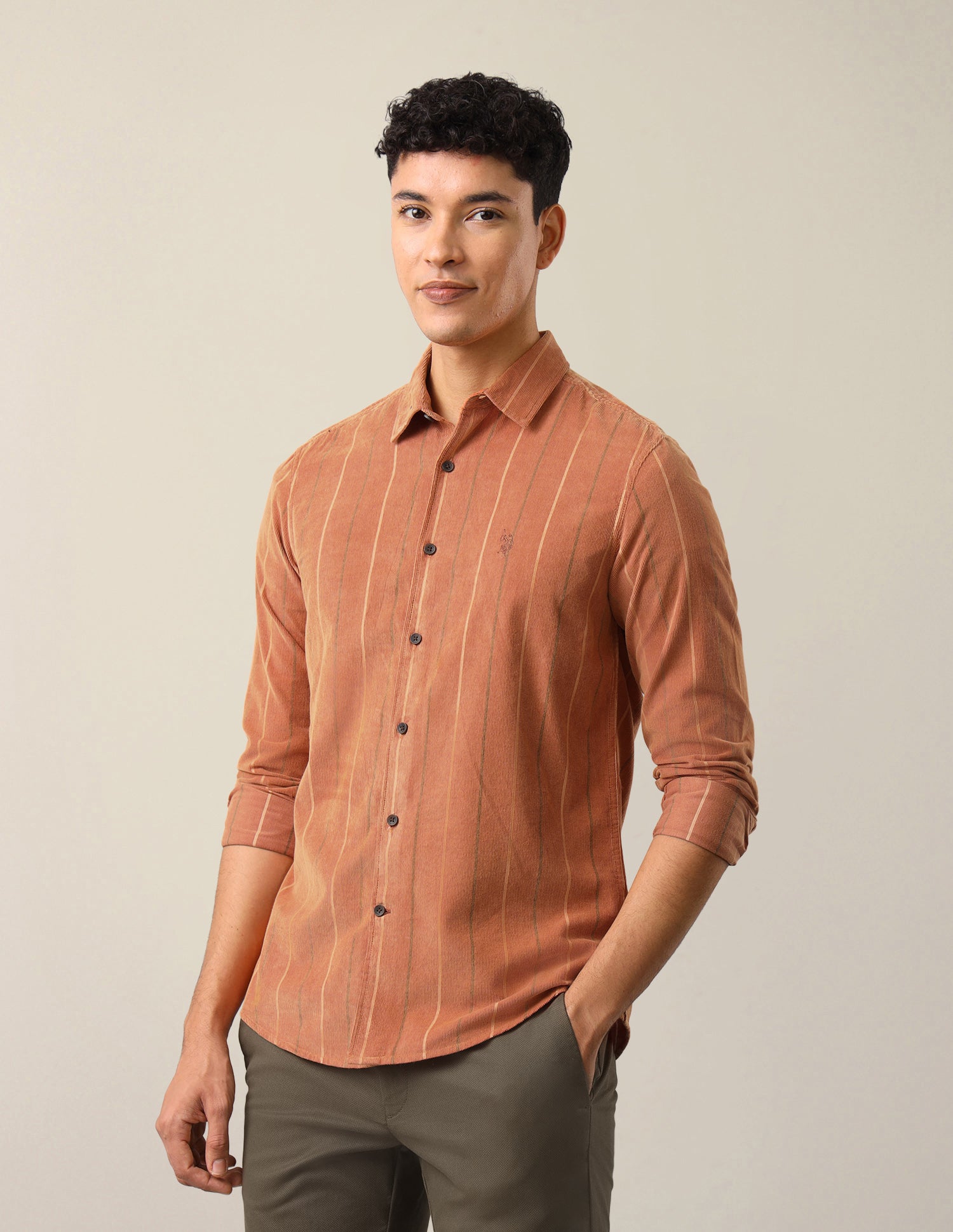 Corduroy Vertical Striped Shirt Orange - U.S. Polo Assn. India | Large