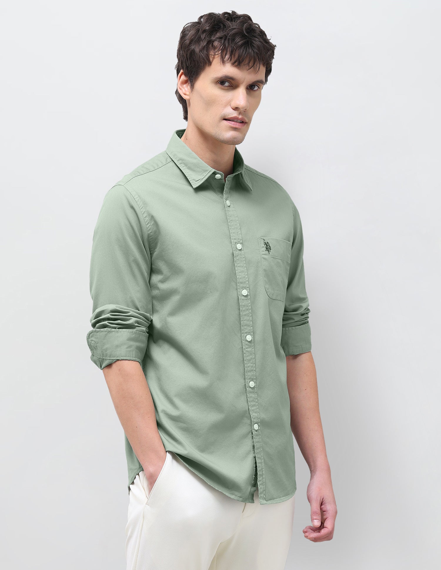Twill Solid Shirt Light Olive - U.S. Polo Assn. India | Large
