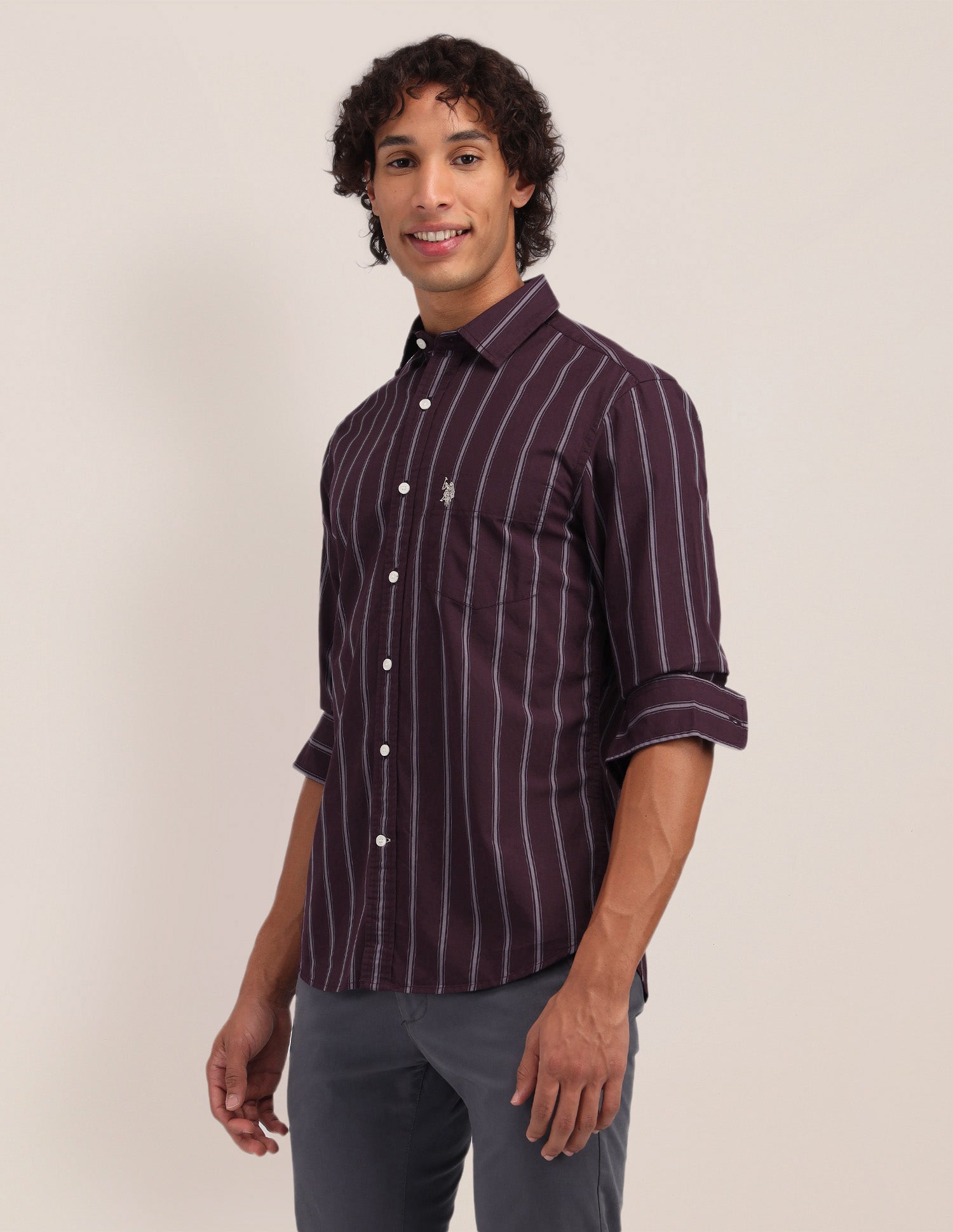 Vertical Striped Poplin Shirt Wine - U.S. Polo Assn. India | Large