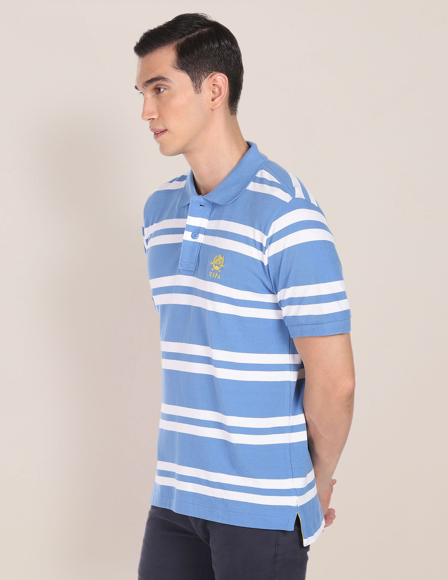 Pique Cotton Horizontal Stripe Polo Shirt Blue - U.S. Polo Assn. India | Large
