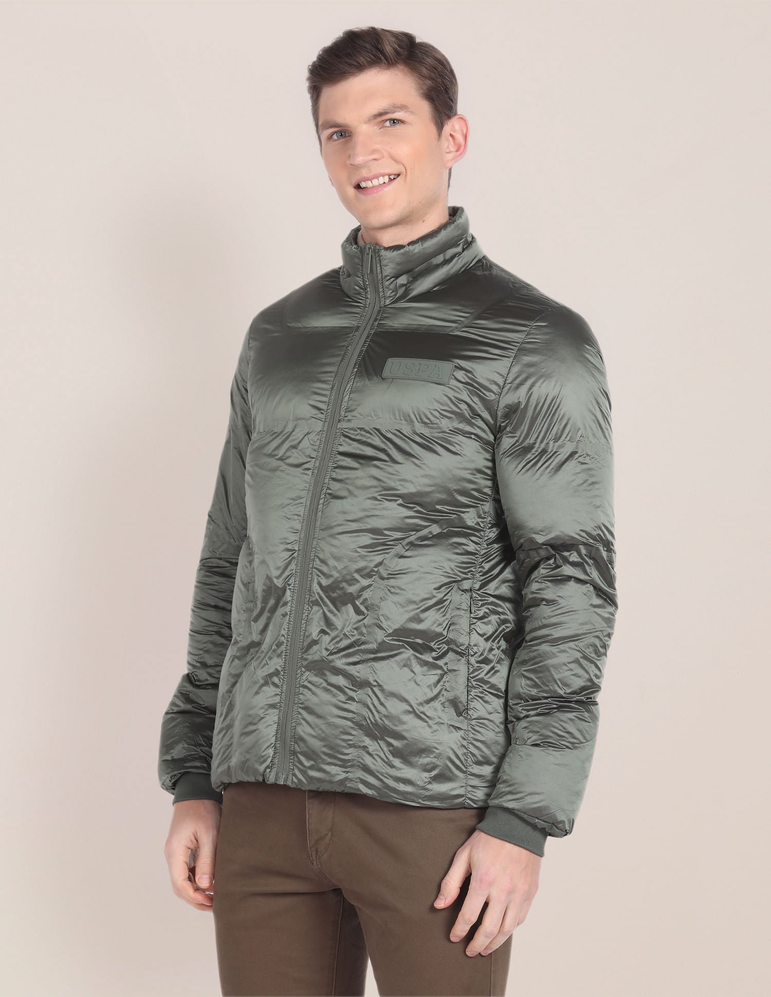 High Neck Solid Puffer Jacket Olive - U.S. Polo Assn. India | Large