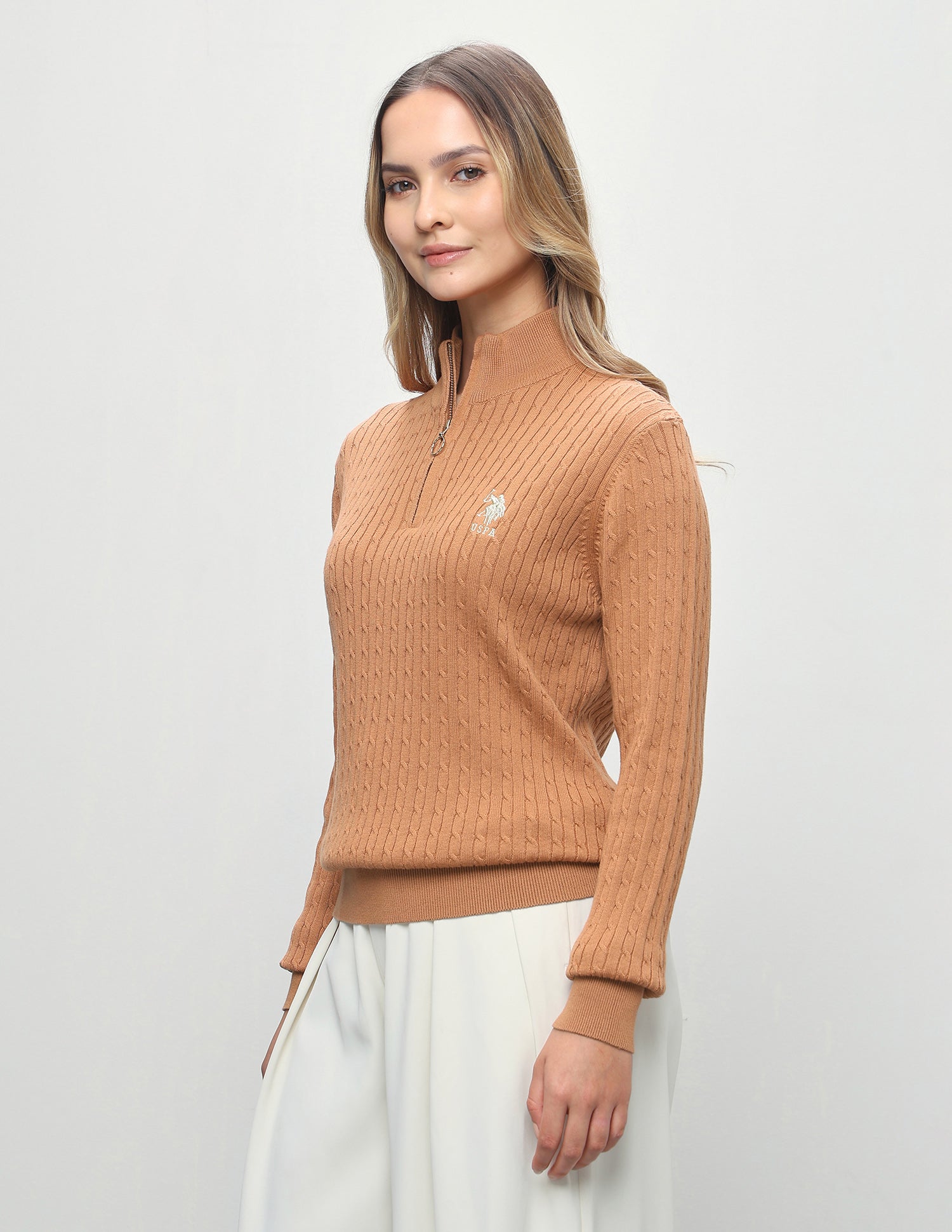 Cable Patterned Knit Regular Fit Half Zip Sweater Light Brown - U.S. Polo Assn. India | Large