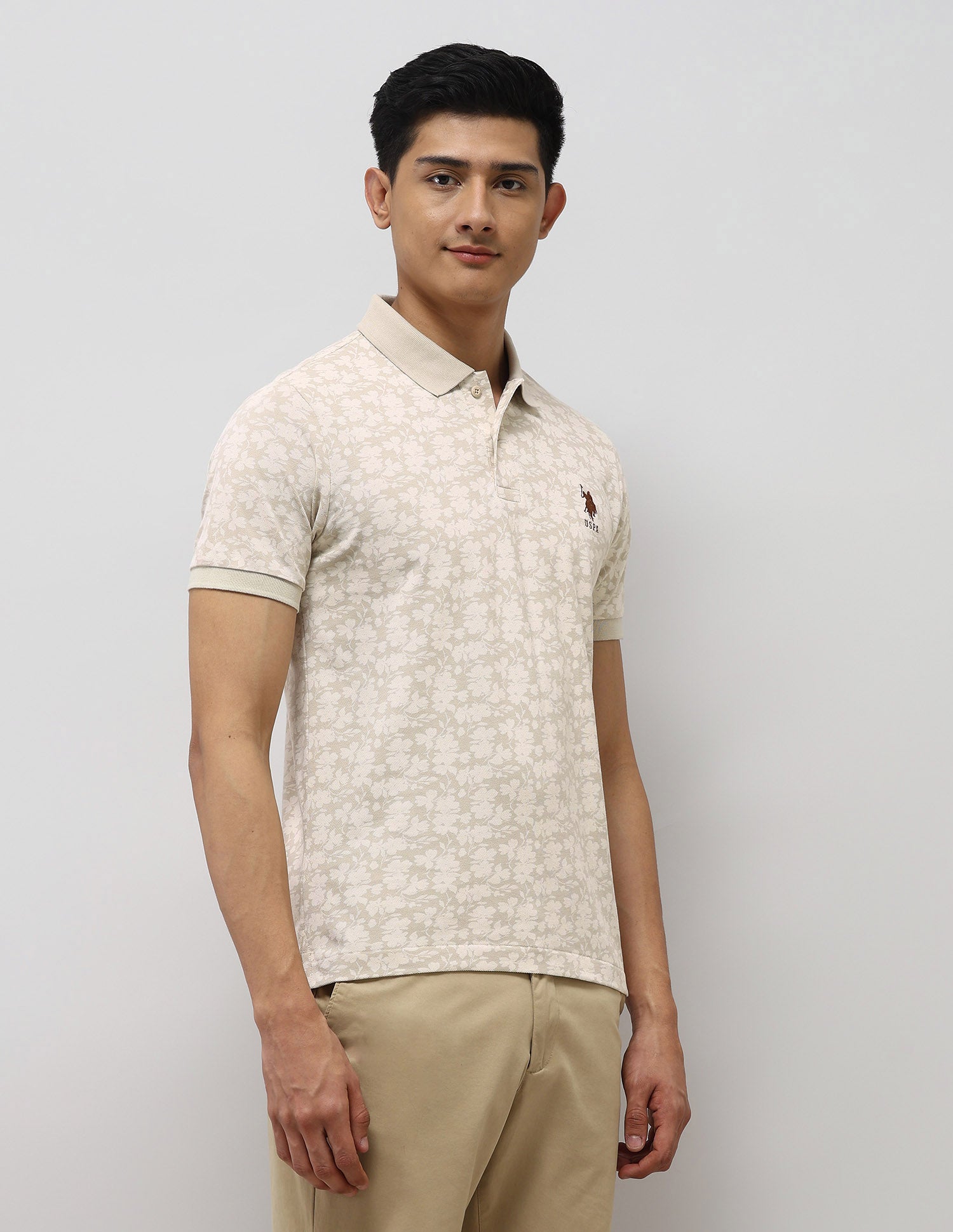 Floral Printed Slim Fit Polo Shirt Beige - U.S. POLO ASSN. | Large