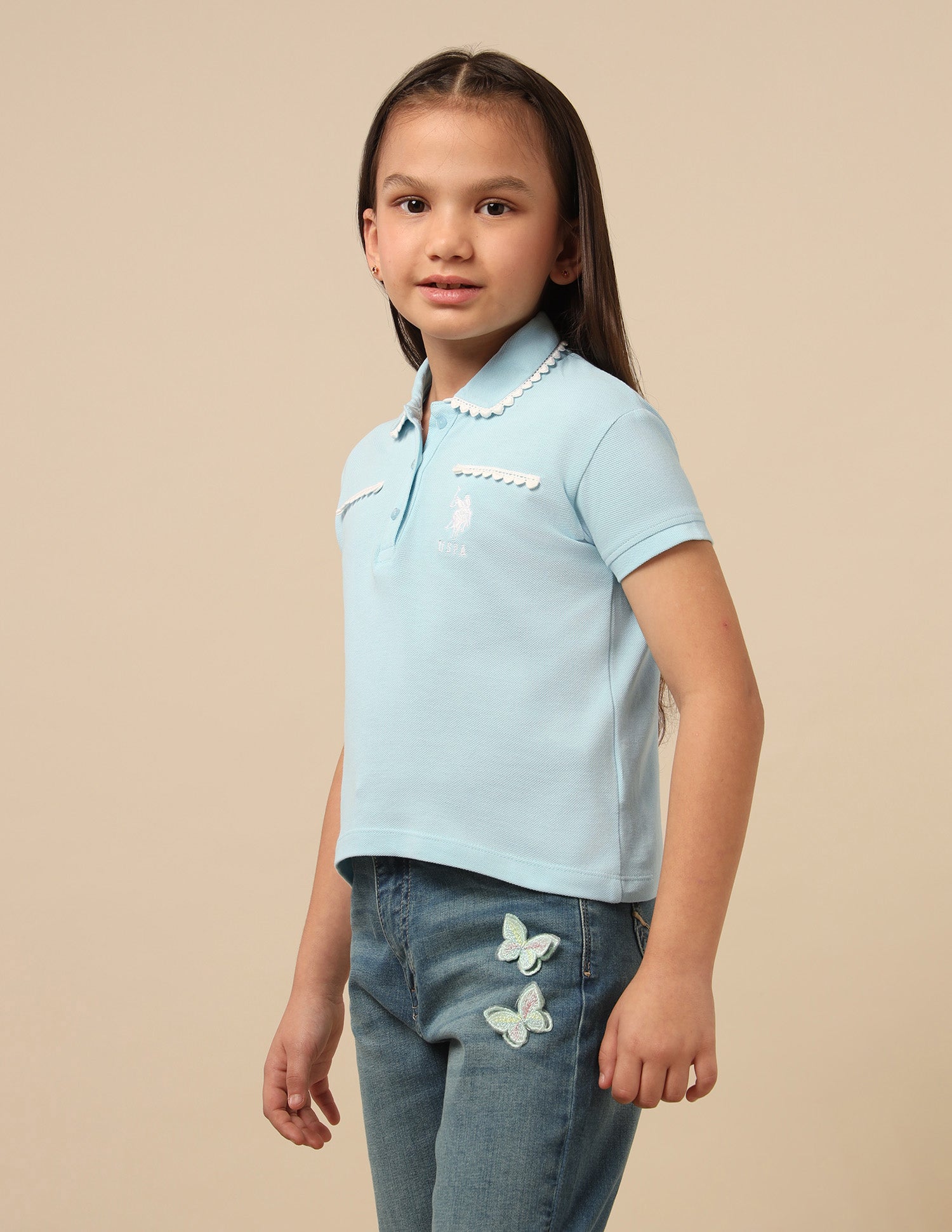 Girls Solid Lace Trim Top Light Blue - U.S. POLO ASSN. | Large