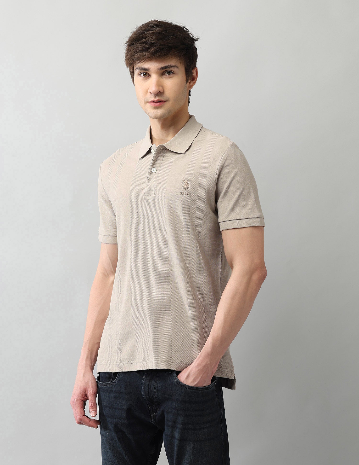 Textured Pure Cotton Black Label Polo Shirt Beige - U.S. Polo Assn. India | Large