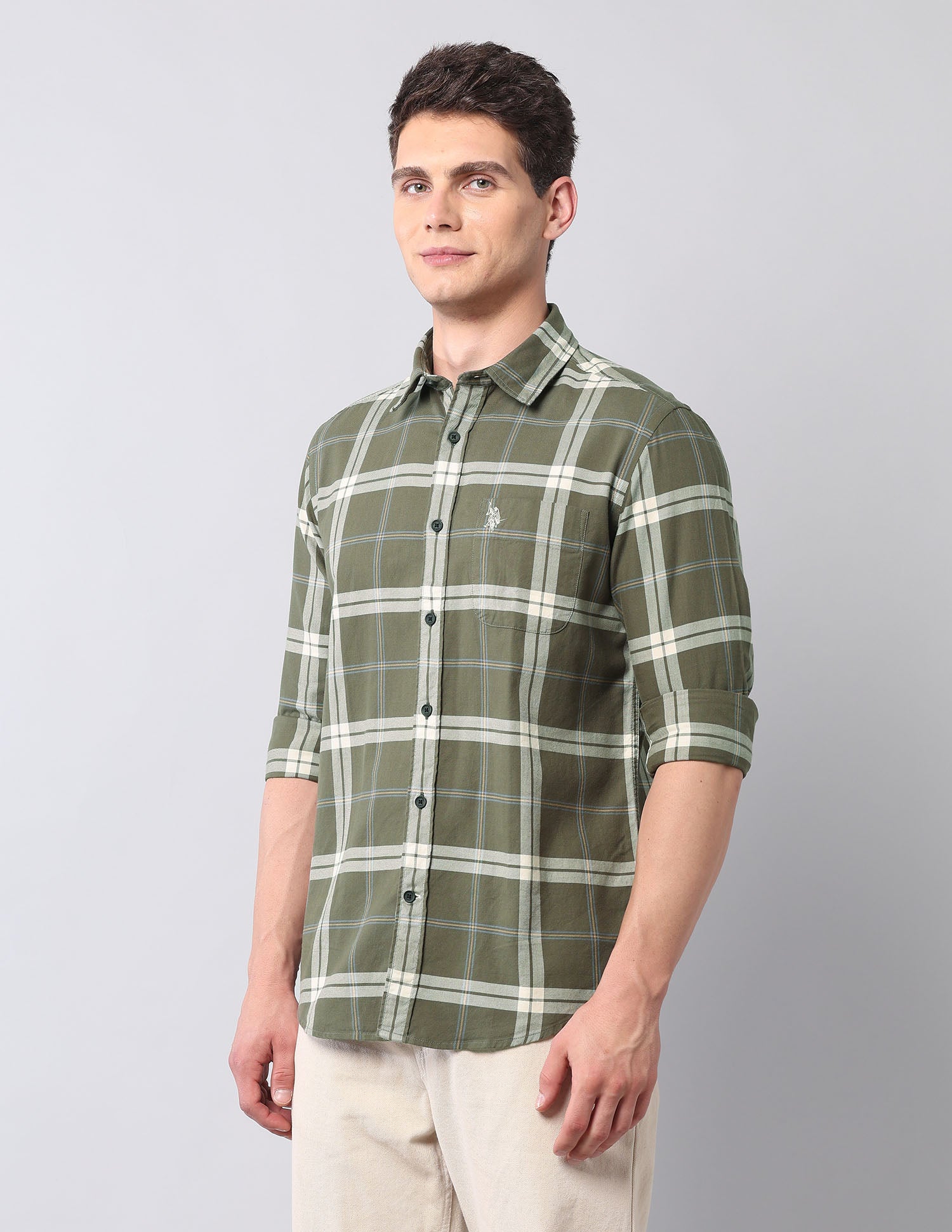 Regular Fit Twill Pure Cotton Shirt Light Olive - U.S. Polo Assn. India | Large