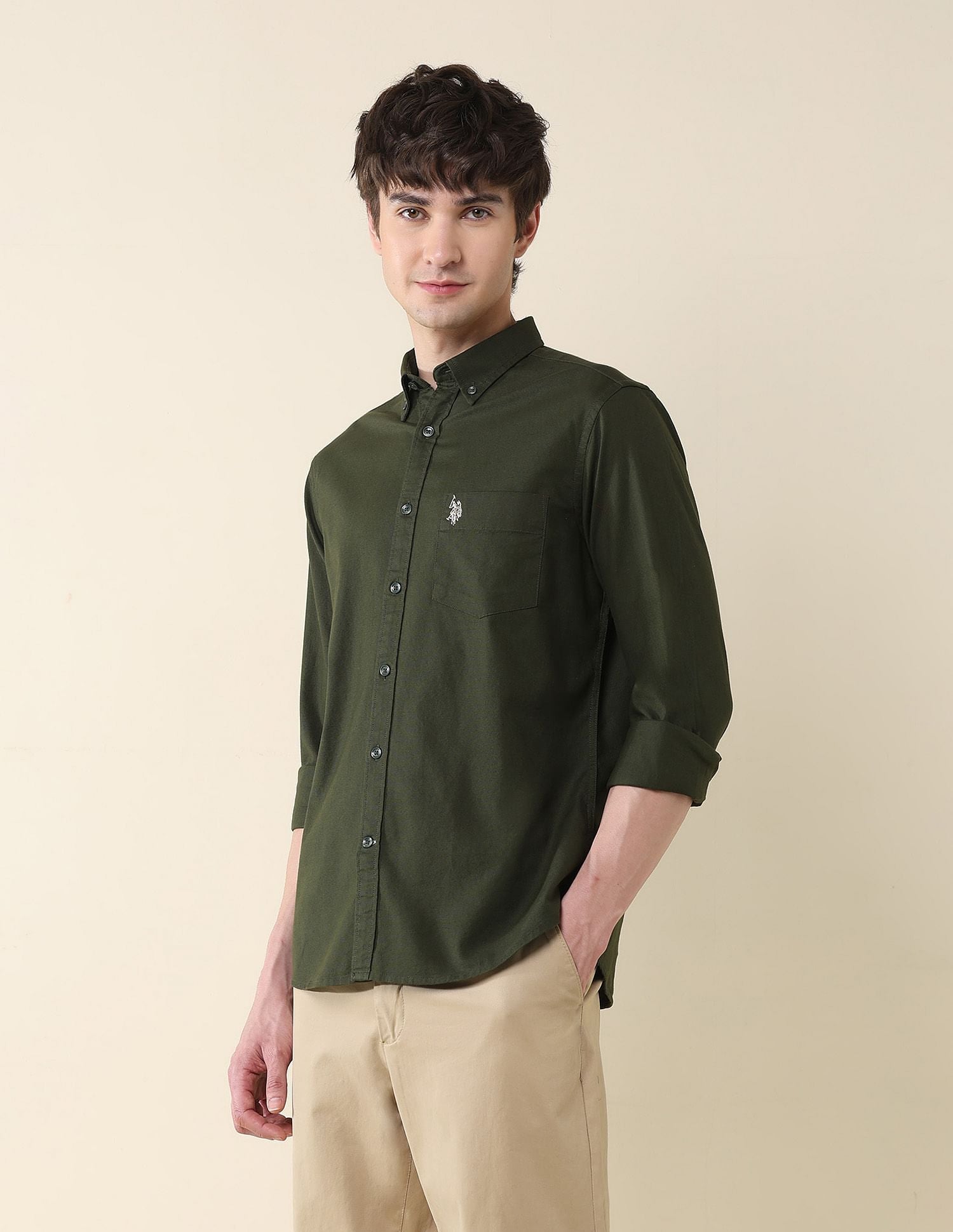 Solid Oxford Stretch Button Down Shirt Dark Green - U.S. Polo Assn. India | Large