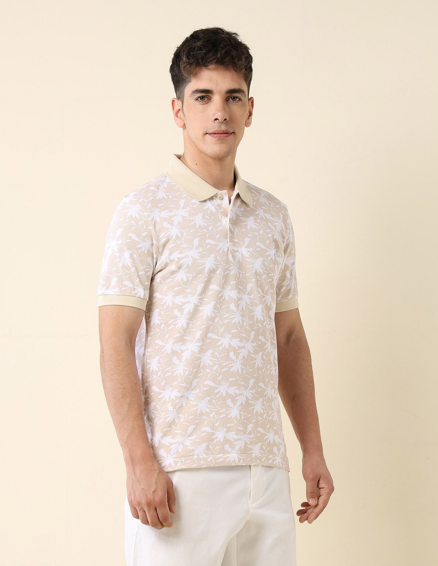 All-Over Printed Slim Fit Polo Shirt Beige - U.S. Polo Assn. India | Large