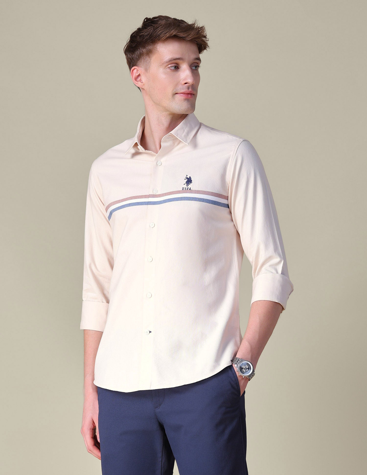 Oxford Horizontal Striped Shirt Beige - U.S. POLO ASSN. | Large