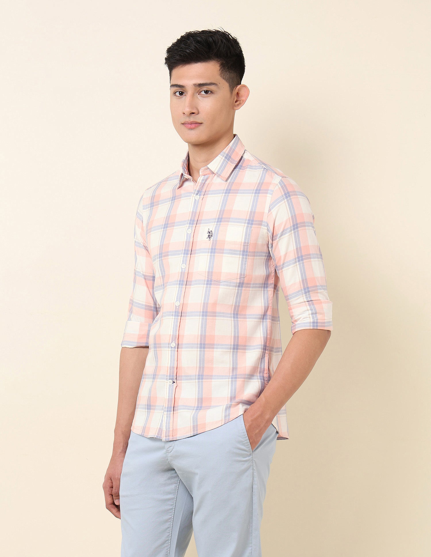 Pure Cotton Tartan Checked Shirt Peach - U.S. Polo Assn. India | Large