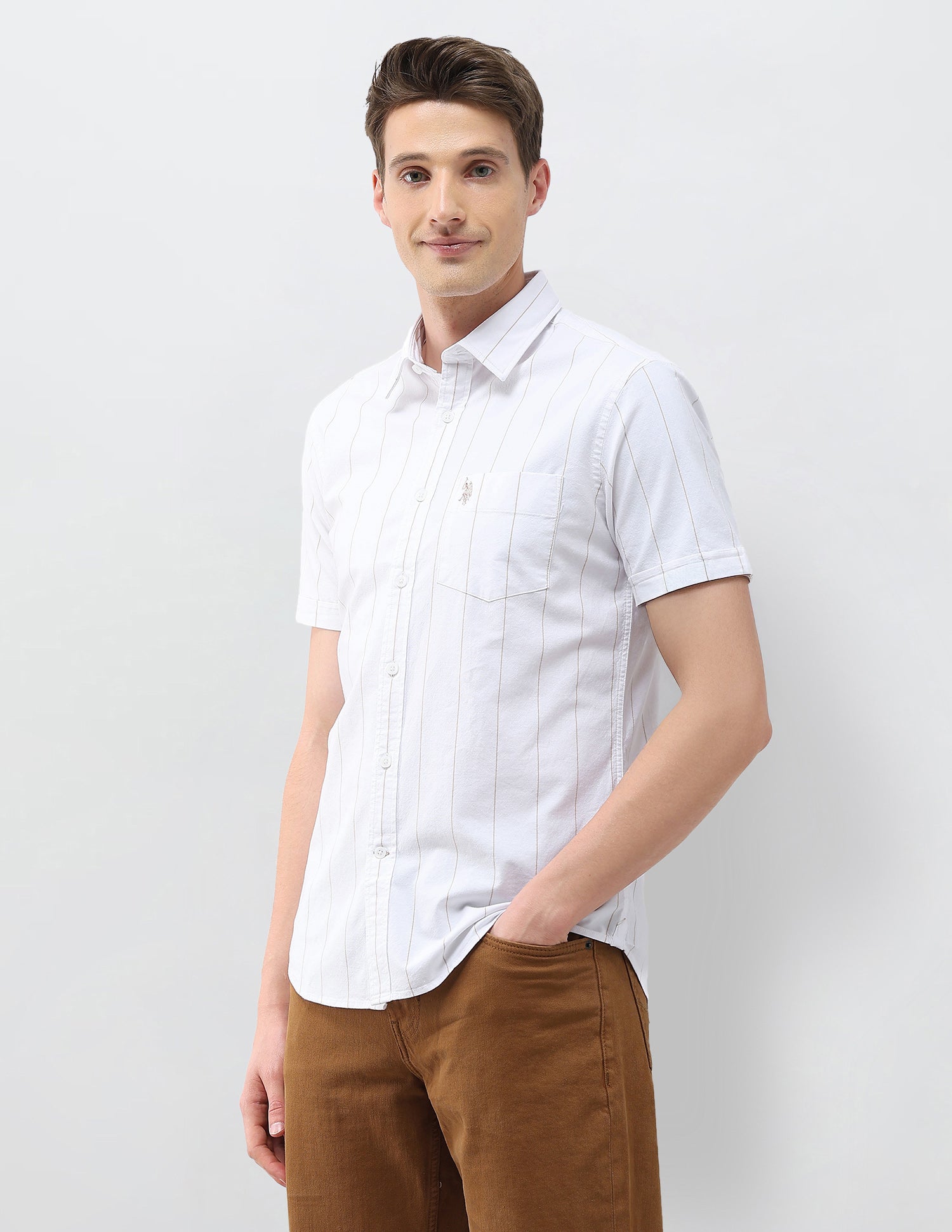 Oxford Regular Fit Vertical Striped Shirt Beige - U.S. Polo Assn. India | Large