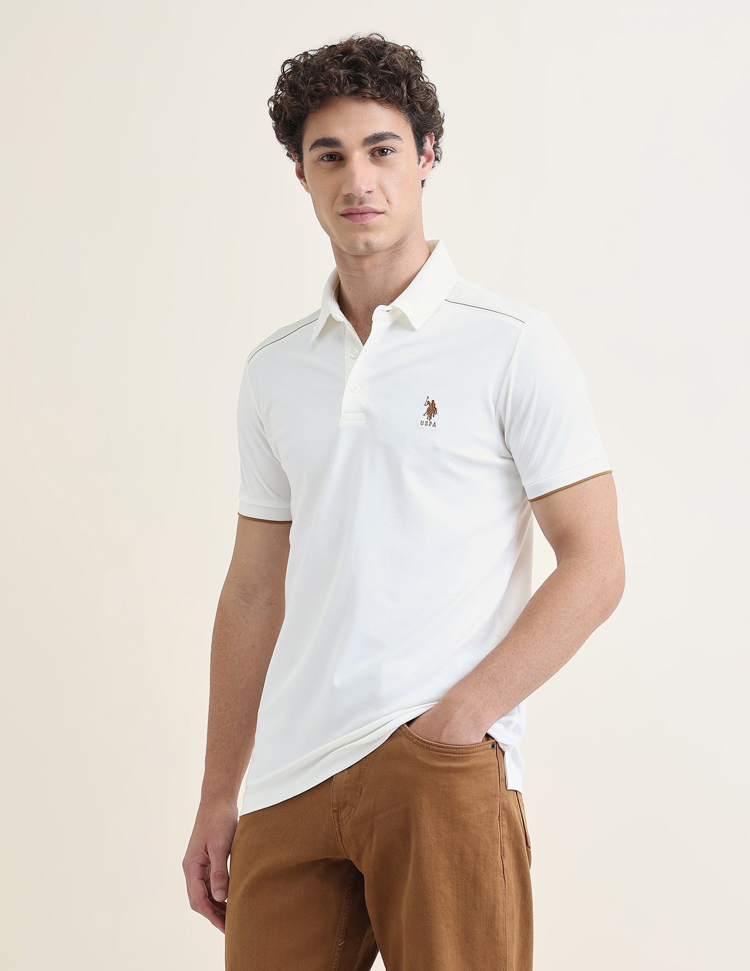 Solid Slim Fit Polo Shirt Off White - U.S. Polo Assn. India | Large