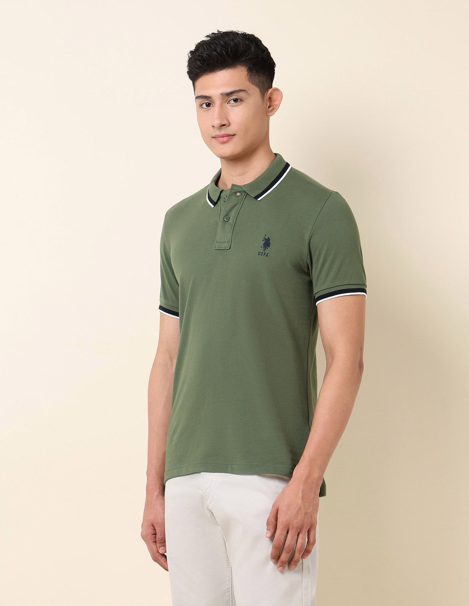 Solid Pure Cotton Polo Shirt Olive - U.S. Polo Assn. India | Large