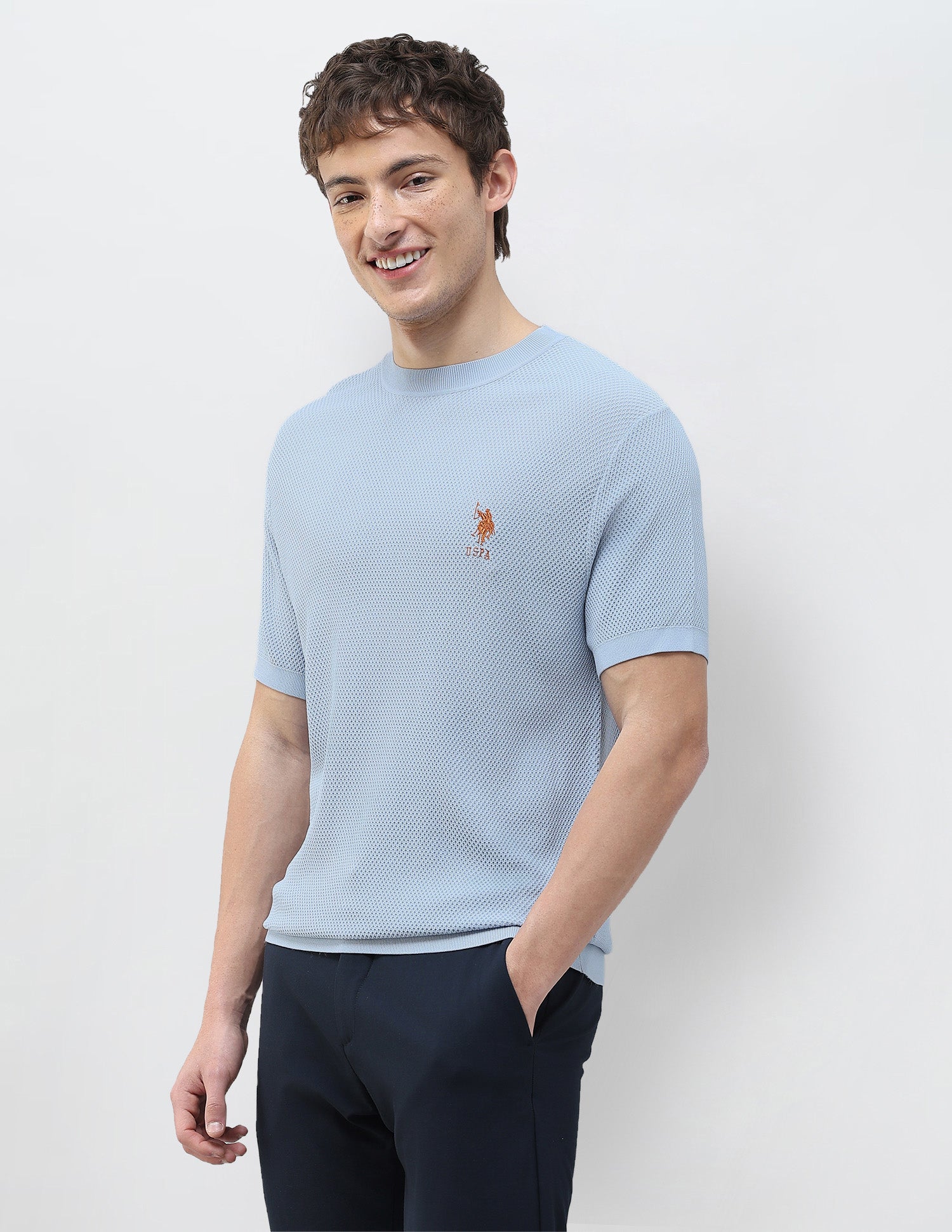 Textured Slim Fit T-Shirt Light Blue - U.S. Polo Assn. India | Large