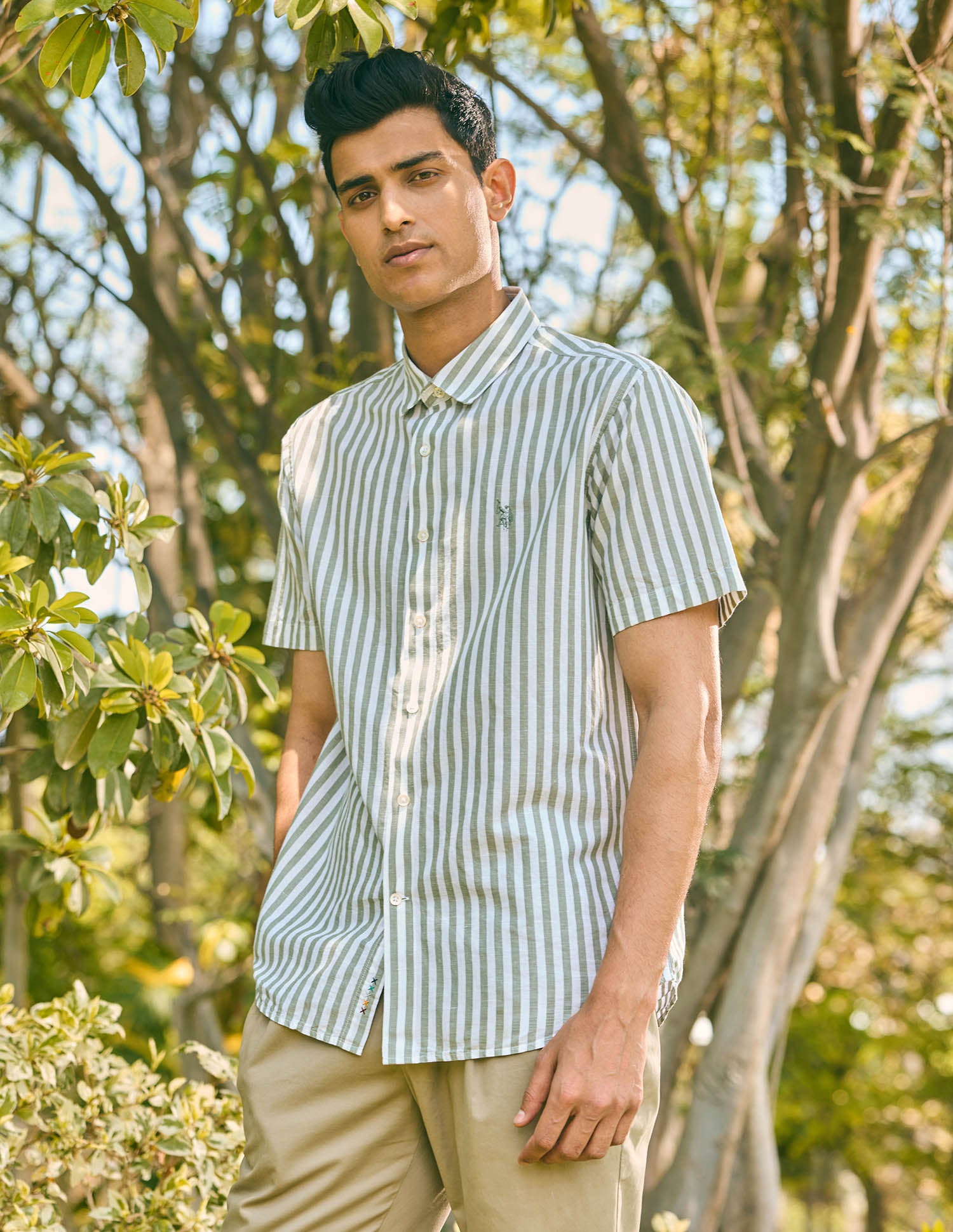 Pacho X Vertical Stripe Cotton Linen Shirt Light Green - U.S. POLO ASSN. | Large