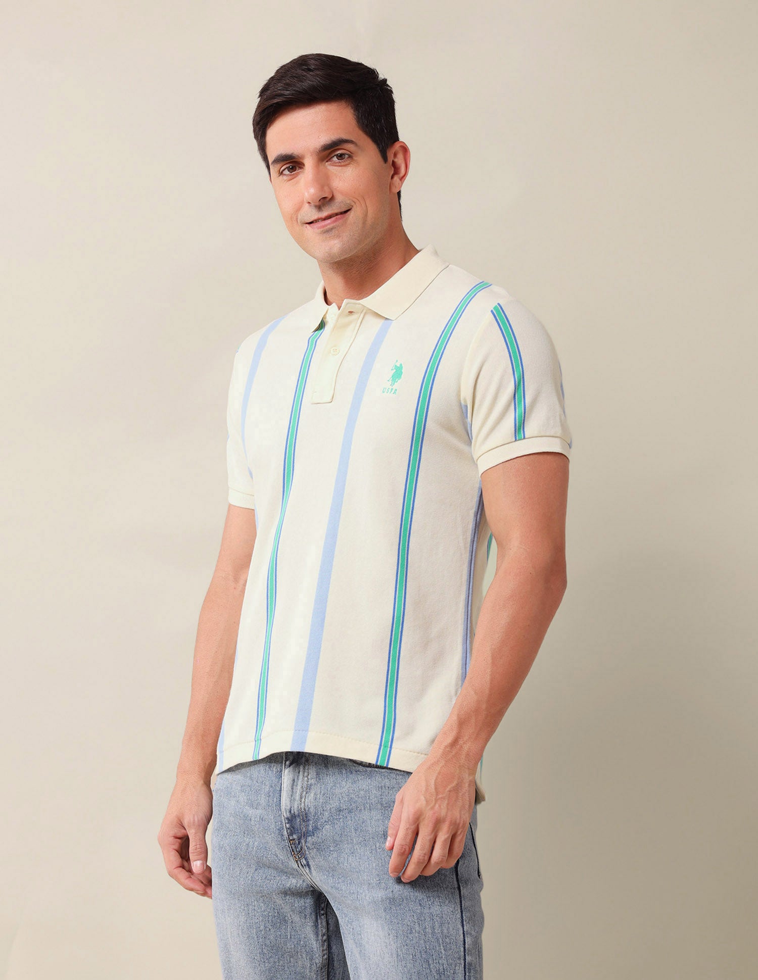 Vertical Striped Slim Fit Polo Shirt Beige - U.S. Polo Assn. India | Large