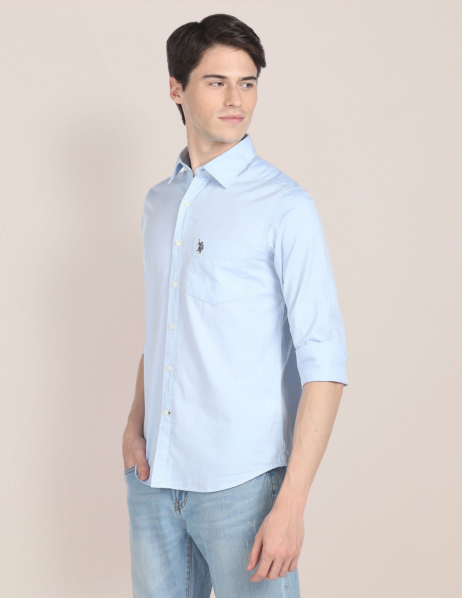Men Light Blue Oxford Regular Fit Casual Shirt Light Blue - U.S. Polo Assn. India | Large