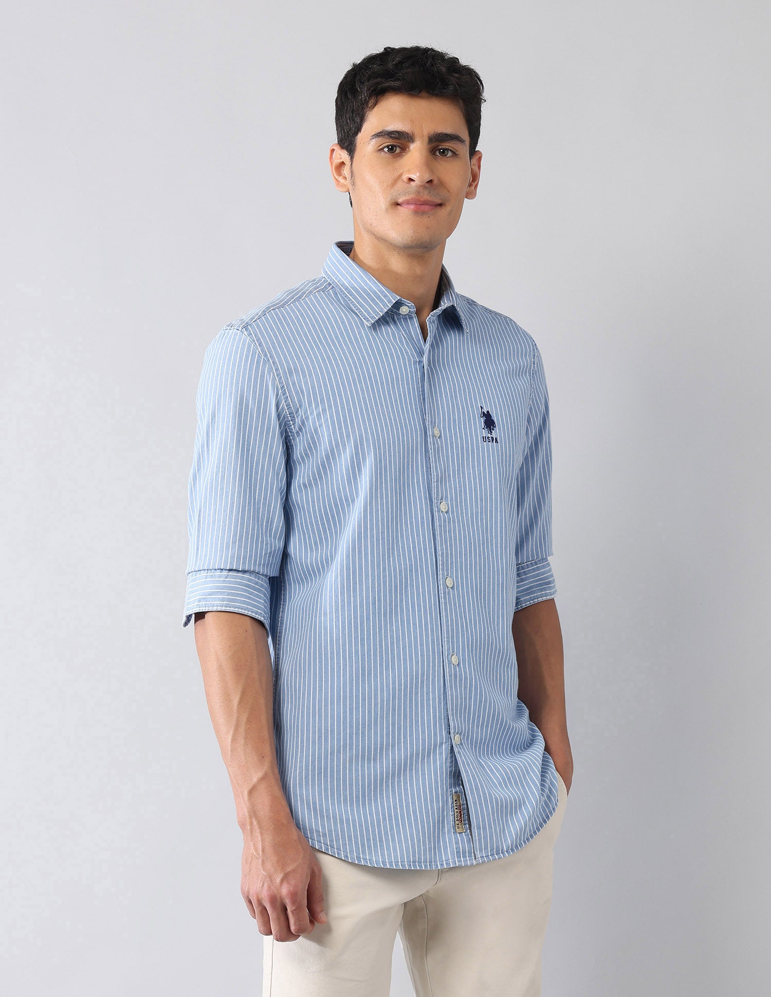 Vertical Striped Twill Pure Cotton Shirt Light Indigo - U.S. Polo Assn. India | Large