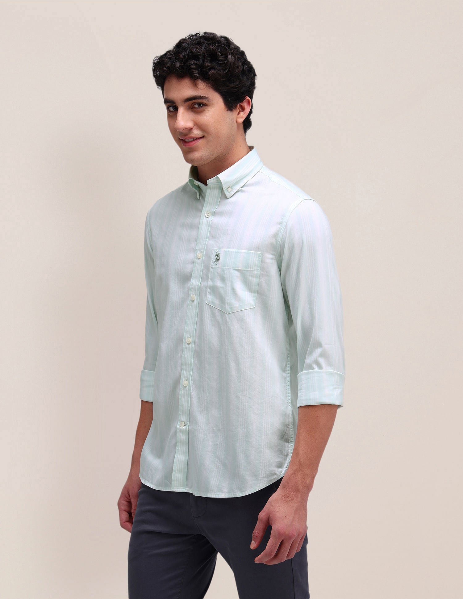 Vertical Striped Twill Weave Shirt Light Green - U.S. Polo Assn. India | Large