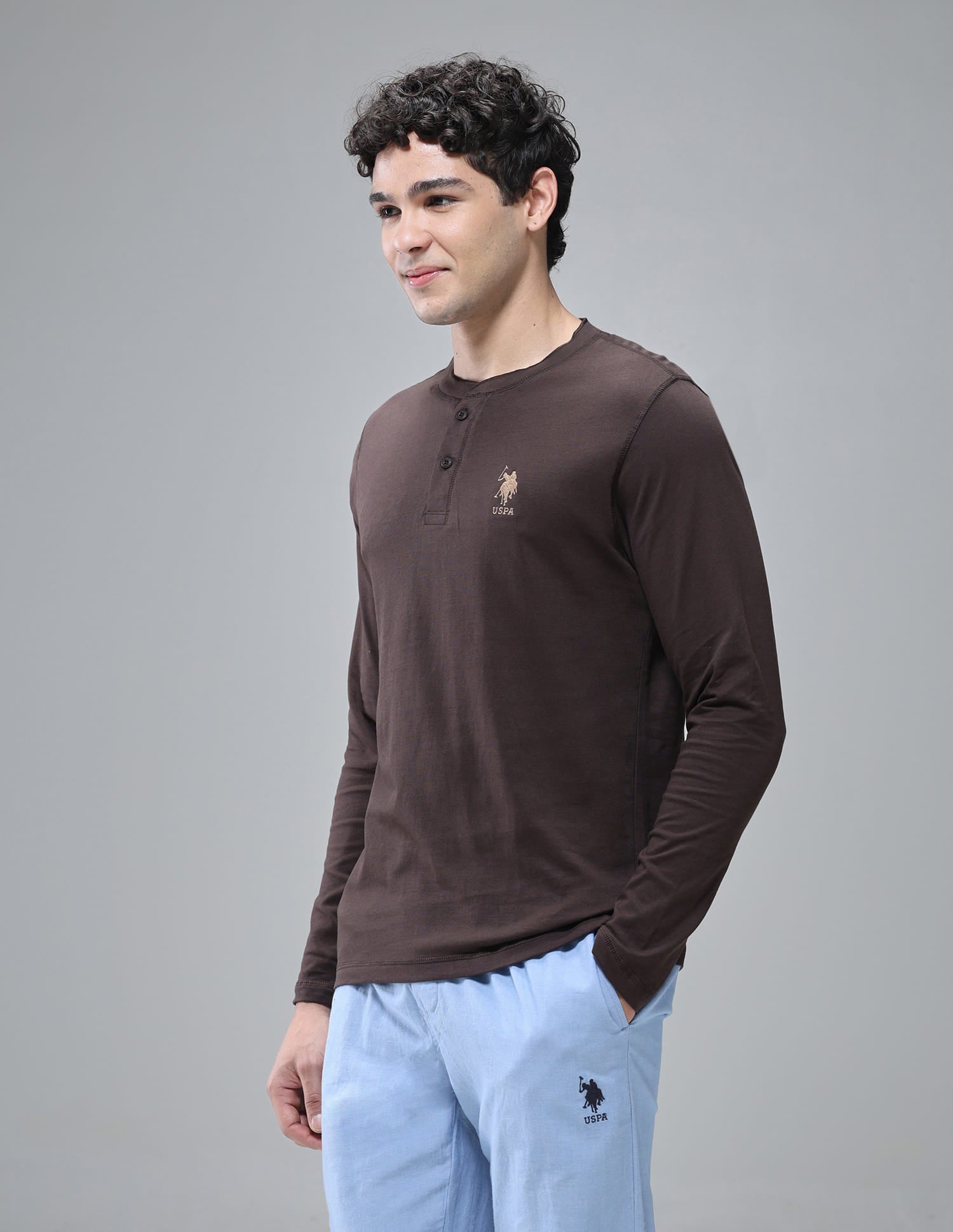 Pure Cotton I694 Lounge Henley T-Shirt - Pack Of 1 Choco - U.S. Polo Assn. India | Large