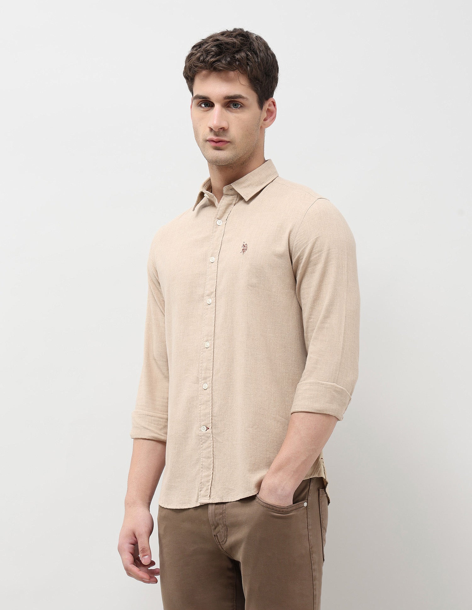 Twill Solid Regular Fit Shirt Beige - U.S. POLO ASSN. | Large