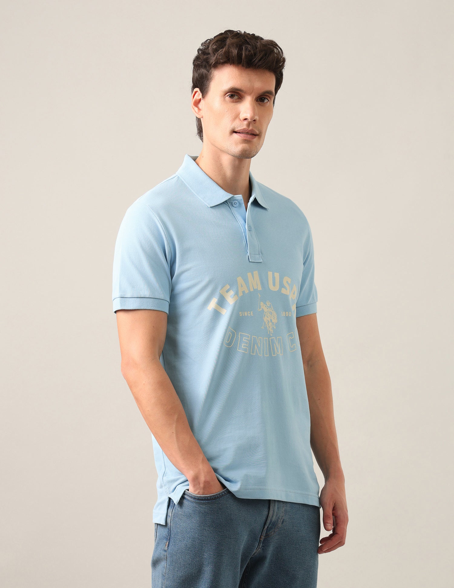 Typographic Brand Printed Slim Fit Polo Shirt Light Blue - U.S. Polo Assn. India | Large