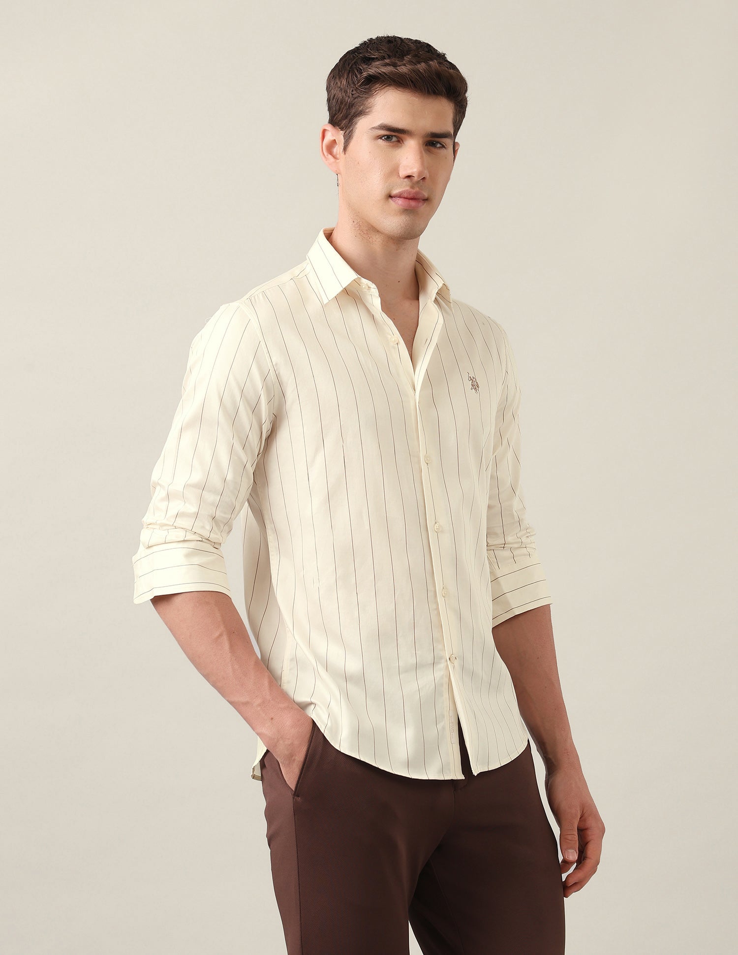 Vertical Striped Satin Shirt Beige - U.S. Polo Assn. India | Large