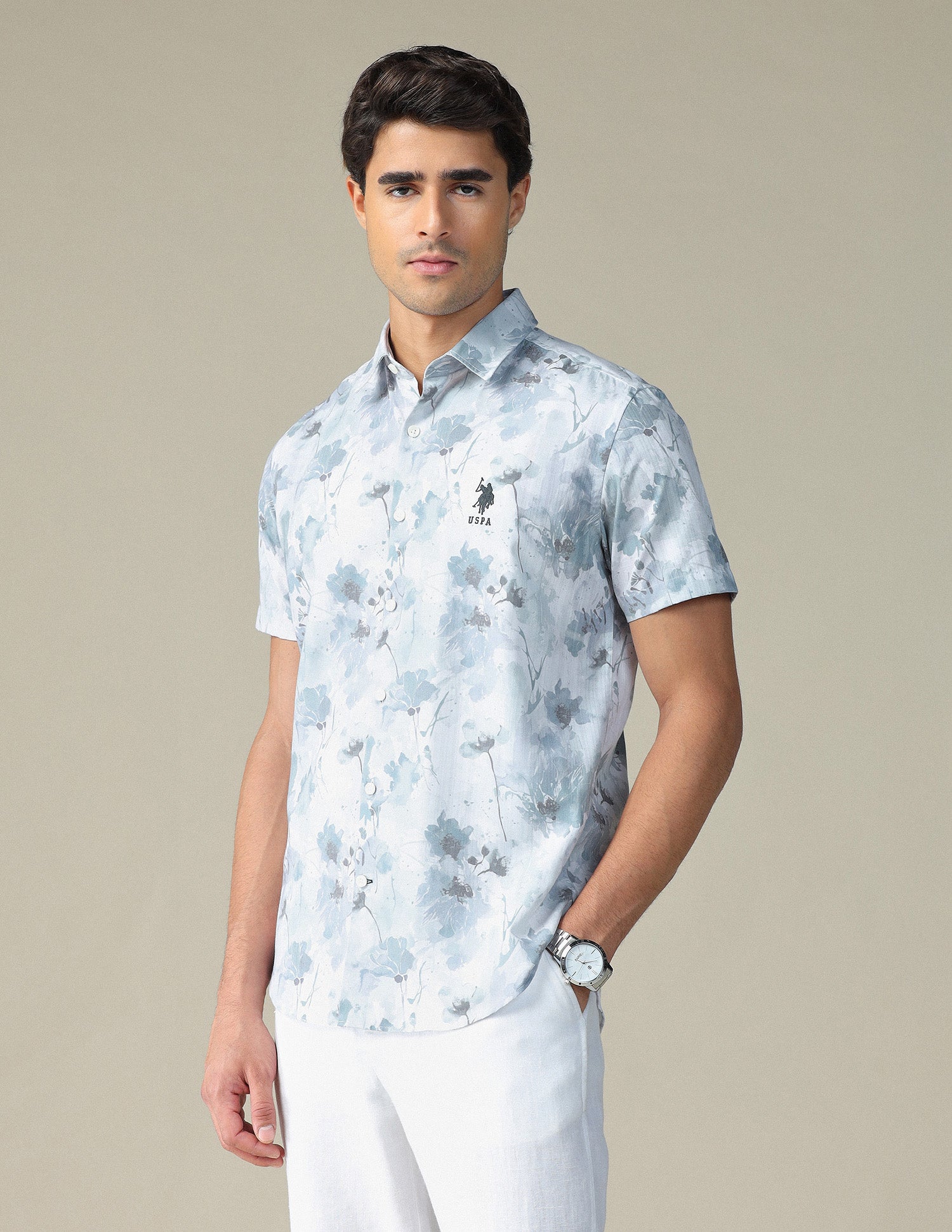 Floral Printed Pure Cotton Shirt Teal - U.S. POLO ASSN. | Large