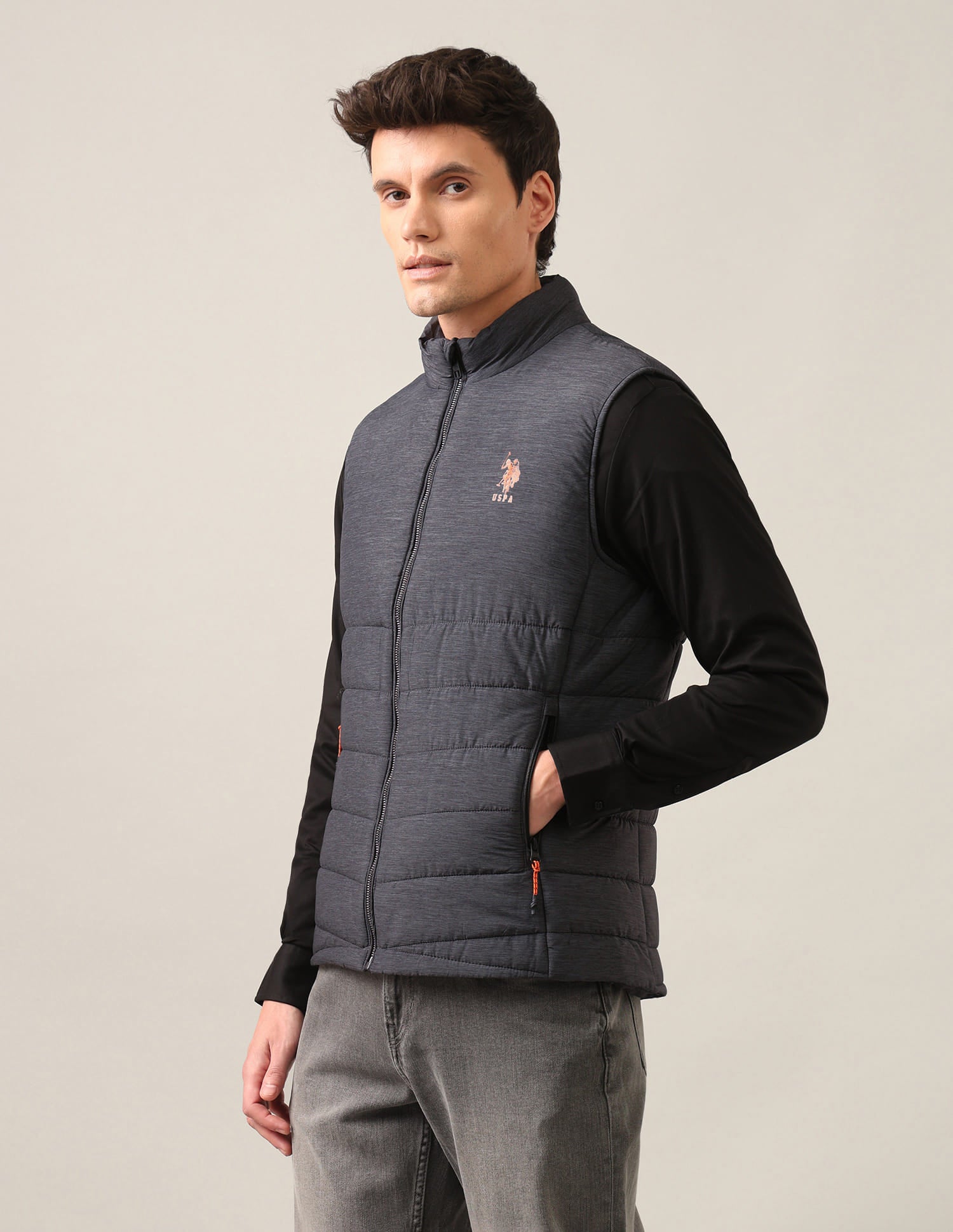 High Neck Sleeveless Solid Padded Jacket Grey - U.S. Polo Assn. India | Large