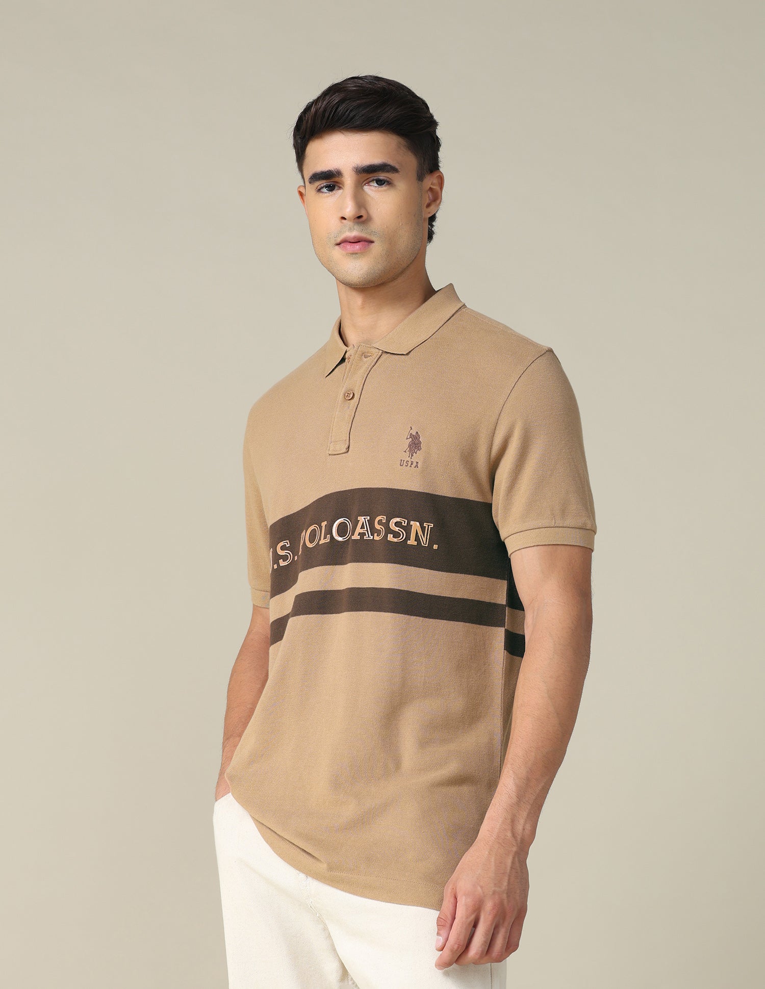 Colourblocked Brand Printed Regular Fit Polo Shirt Light Beige - U.S. POLO ASSN. | Large