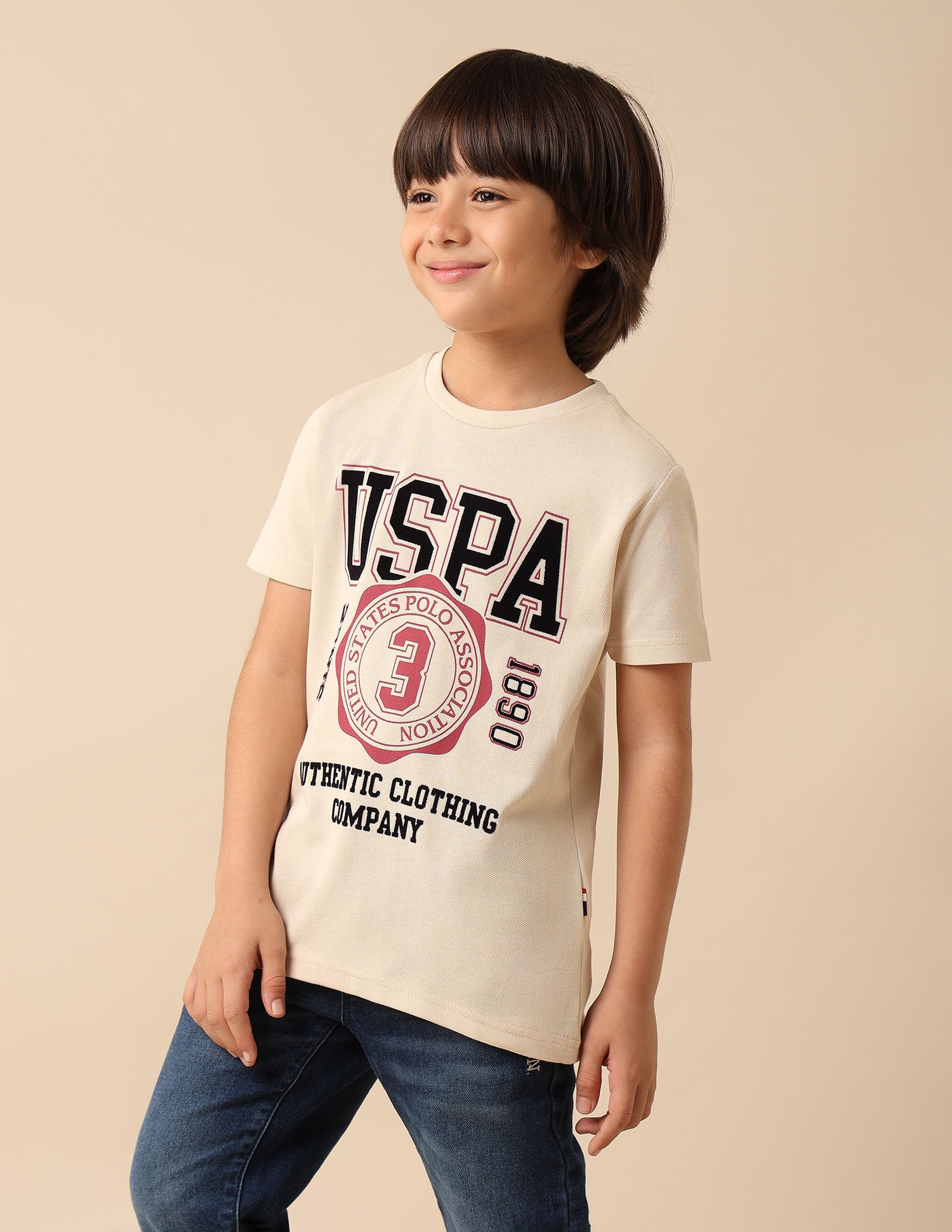 Boys Graphic Printed Pure Cotton T Shirt Ecru - U.S. POLO ASSN. | Large