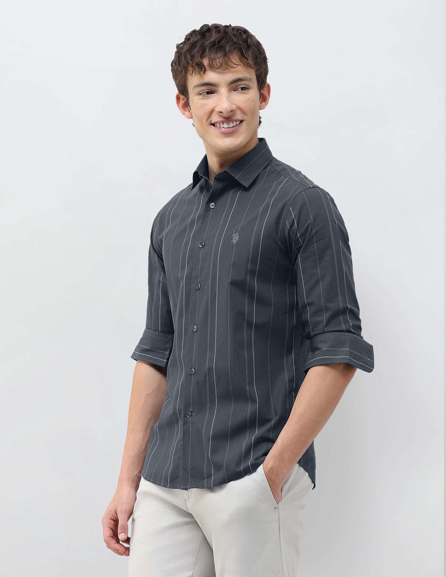 Vertical Striped Tailored Fit Shirt Dark Grey - U.S. Polo Assn. India | Large