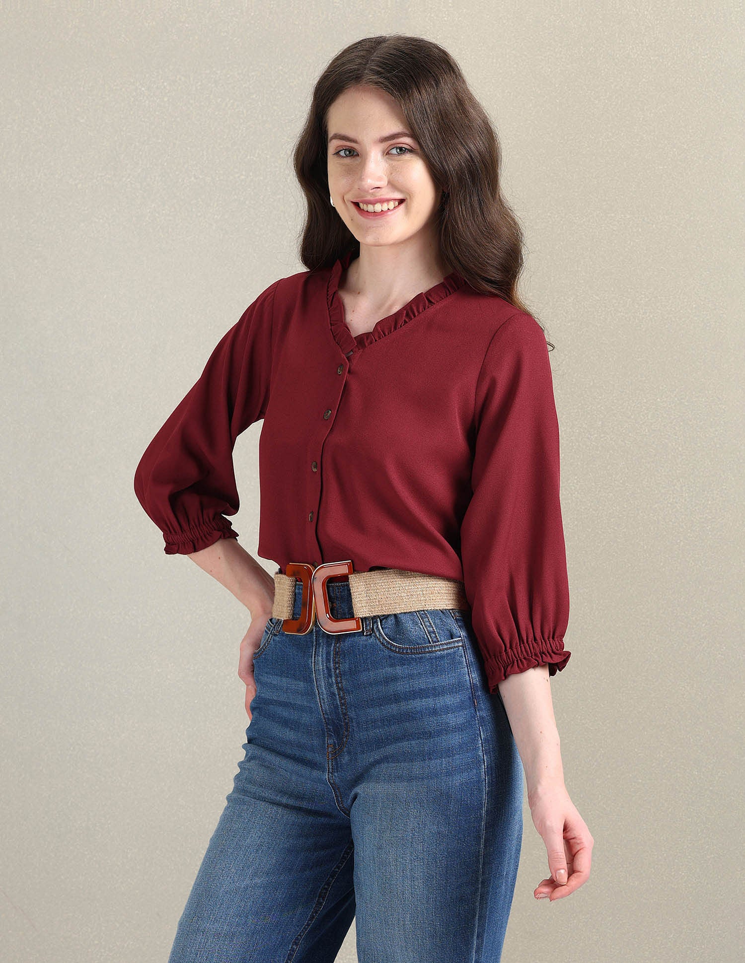 Ruffled V-Neck Solid Top Red - U.S. Polo Assn. India | Large