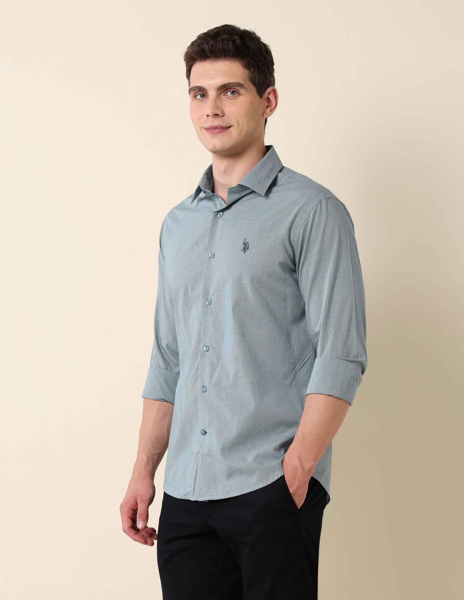 Micro Checked Tailored Fit Shirt Teal - U.S. Polo Assn. India | Large