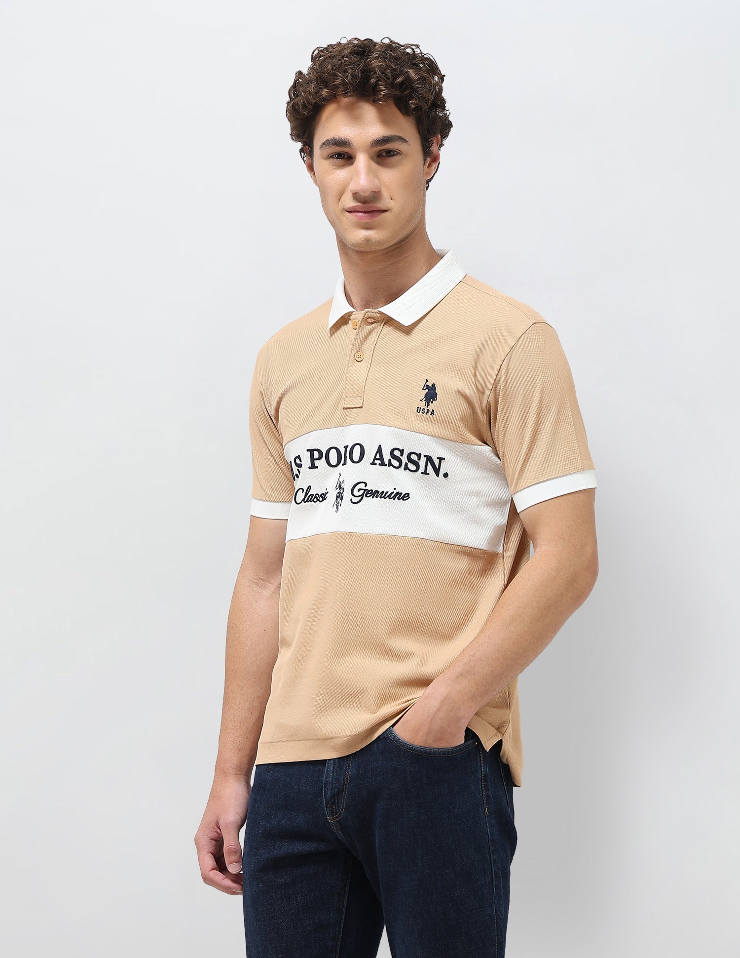 Colorblocked Brand Embroidered Slim Fit Polo Shirt Beige - U.S. Polo Assn. India | Large